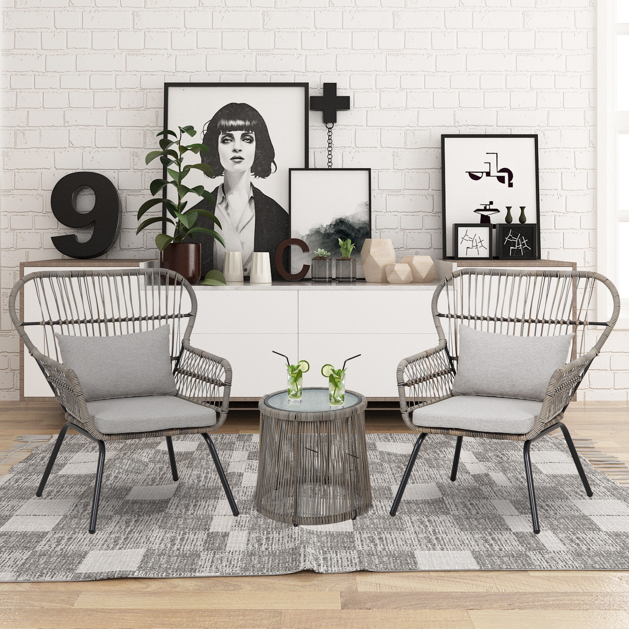 Ensemble de bistrot d'extérieur 3 pièces en osier, mobilier de jardin en rotin toutes saisons, chaises de patio avec coussins