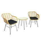 Ensemble de bistrot d'extérieur 3 pièces en rotin et osier avec coussins et table