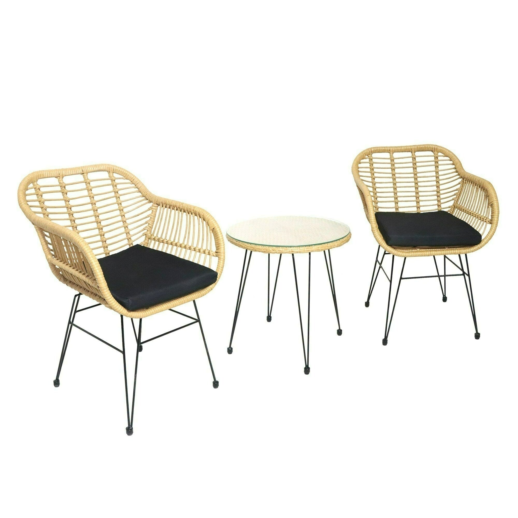 Ensemble de bistrot d'extérieur 3 pièces en rotin et osier avec coussins et table