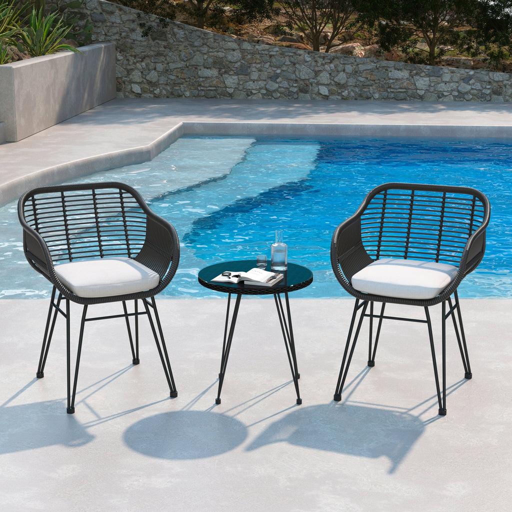 Ensemble de bistrot d'extérieur 3 pièces en rotin et osier avec coussins et table