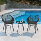 Ensemble de bistrot d'extérieur 3 pièces en rotin et osier avec coussins et table