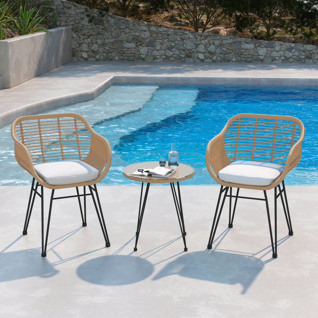 Ensemble de bistrot d'extérieur 3 pièces en rotin et osier avec coussins et table