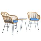 Ensemble de bistrot d'extérieur 3 pièces en rotin et osier avec coussins et table