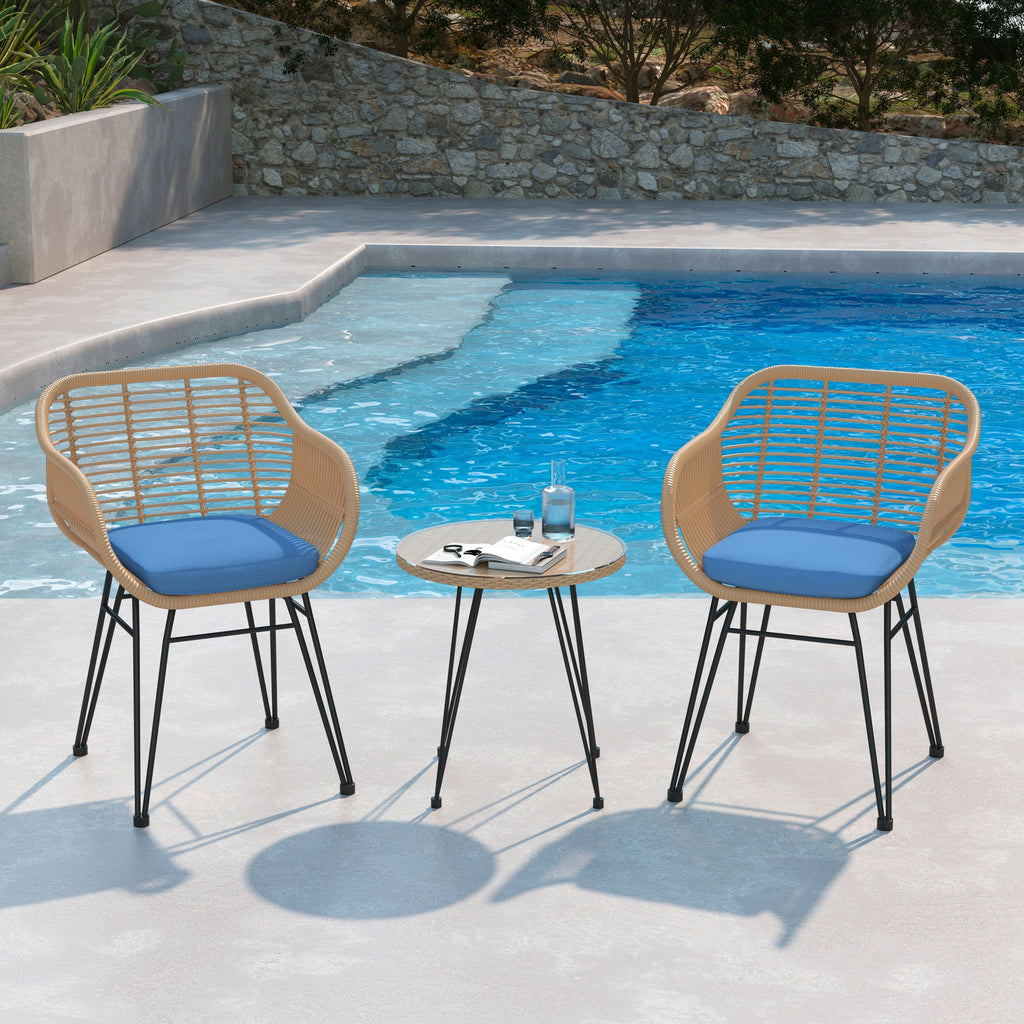 Ensemble de bistrot d'extérieur 3 pièces en rotin et osier avec coussins et table