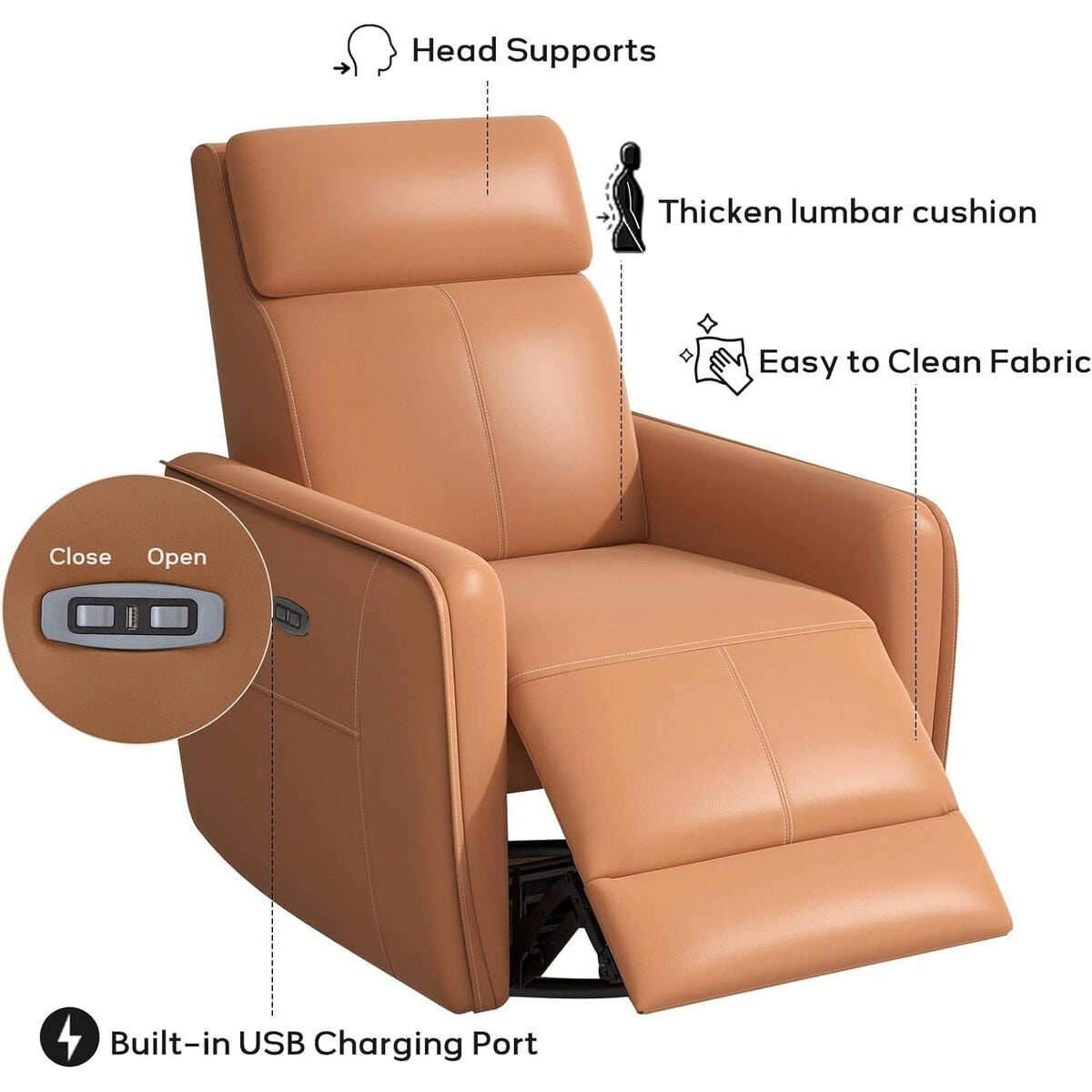 Fauteuil inclinable pivotant et électrique de 32,3 pouces de large avec ports USB