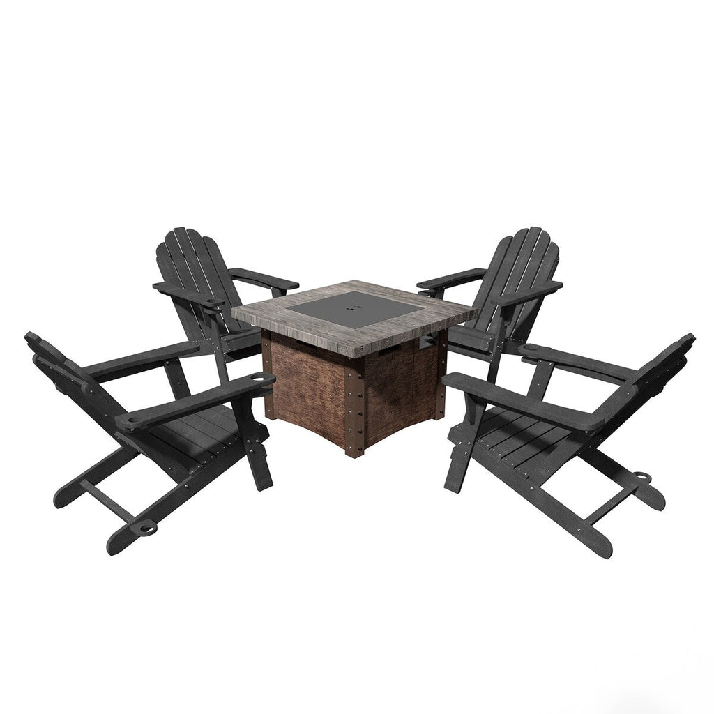 Ensemble de 5 foyers extérieurs en métal de 34,5 po, table et chaises Adirondack avec porte-gobelet et porte-parapluie