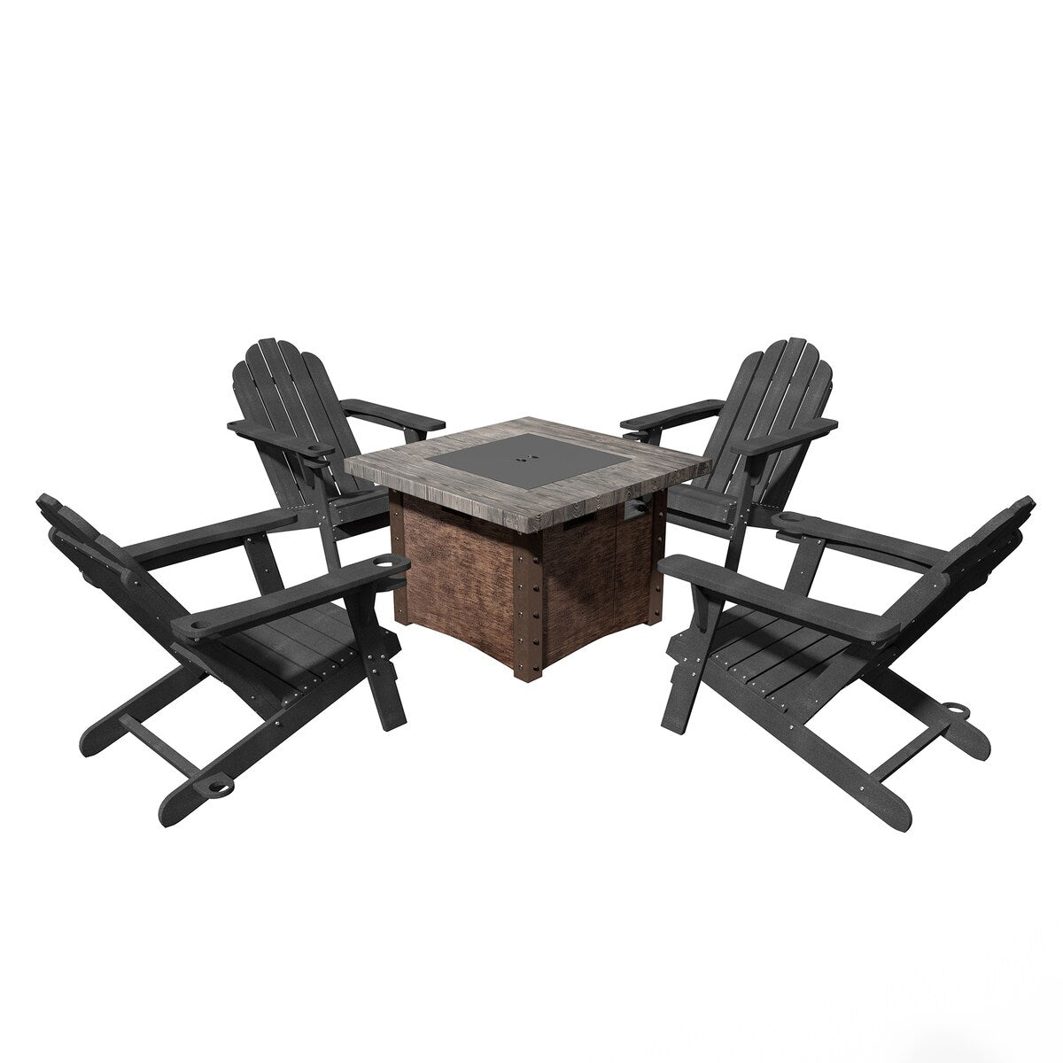 Ensemble de 5 foyers extérieurs en métal de 34,5 po, table et chaises Adirondack avec porte-gobelet et porte-parapluie