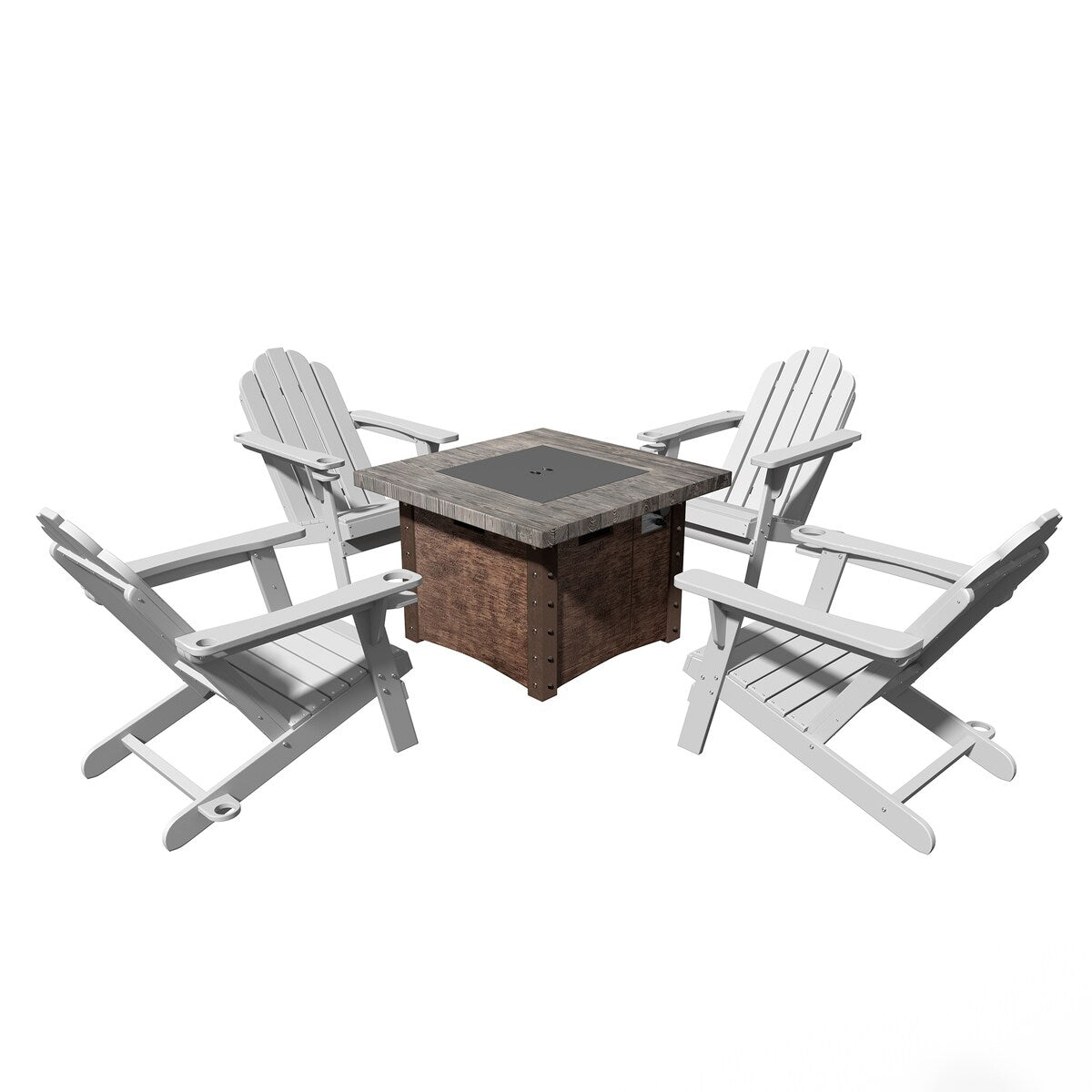 Ensemble de 5 foyers extérieurs en métal de 34,5 po, table et chaises Adirondack avec porte-gobelet et porte-parapluie