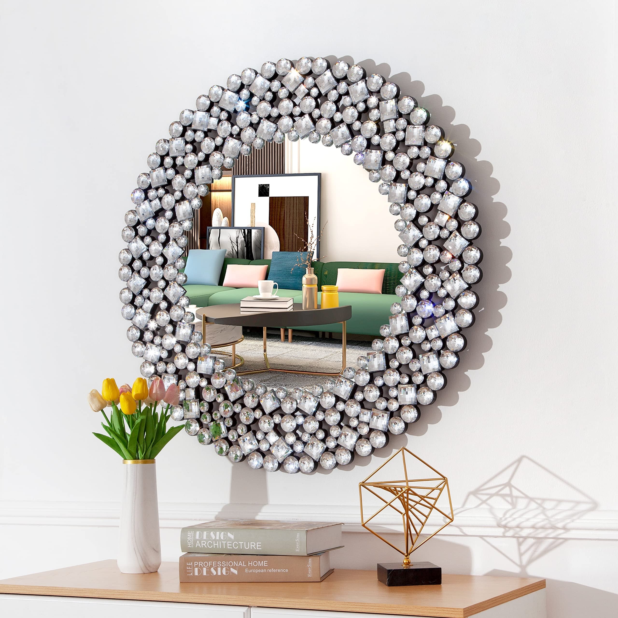 Miroir mural rond avec accents en cristal