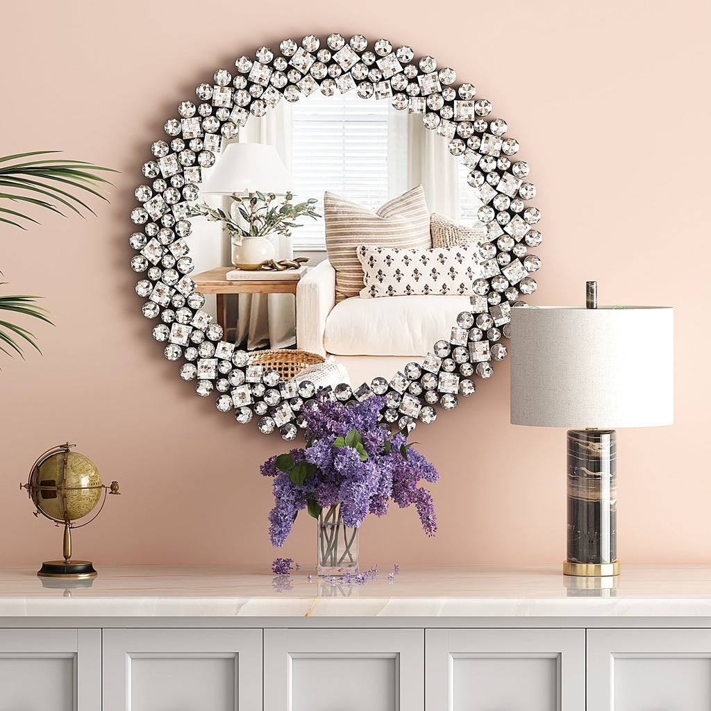 Miroir mural rond avec accents en cristal
