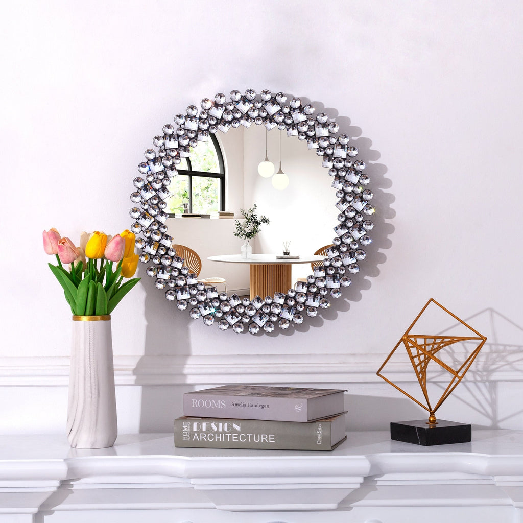 Miroir mural rond avec accents en cristal