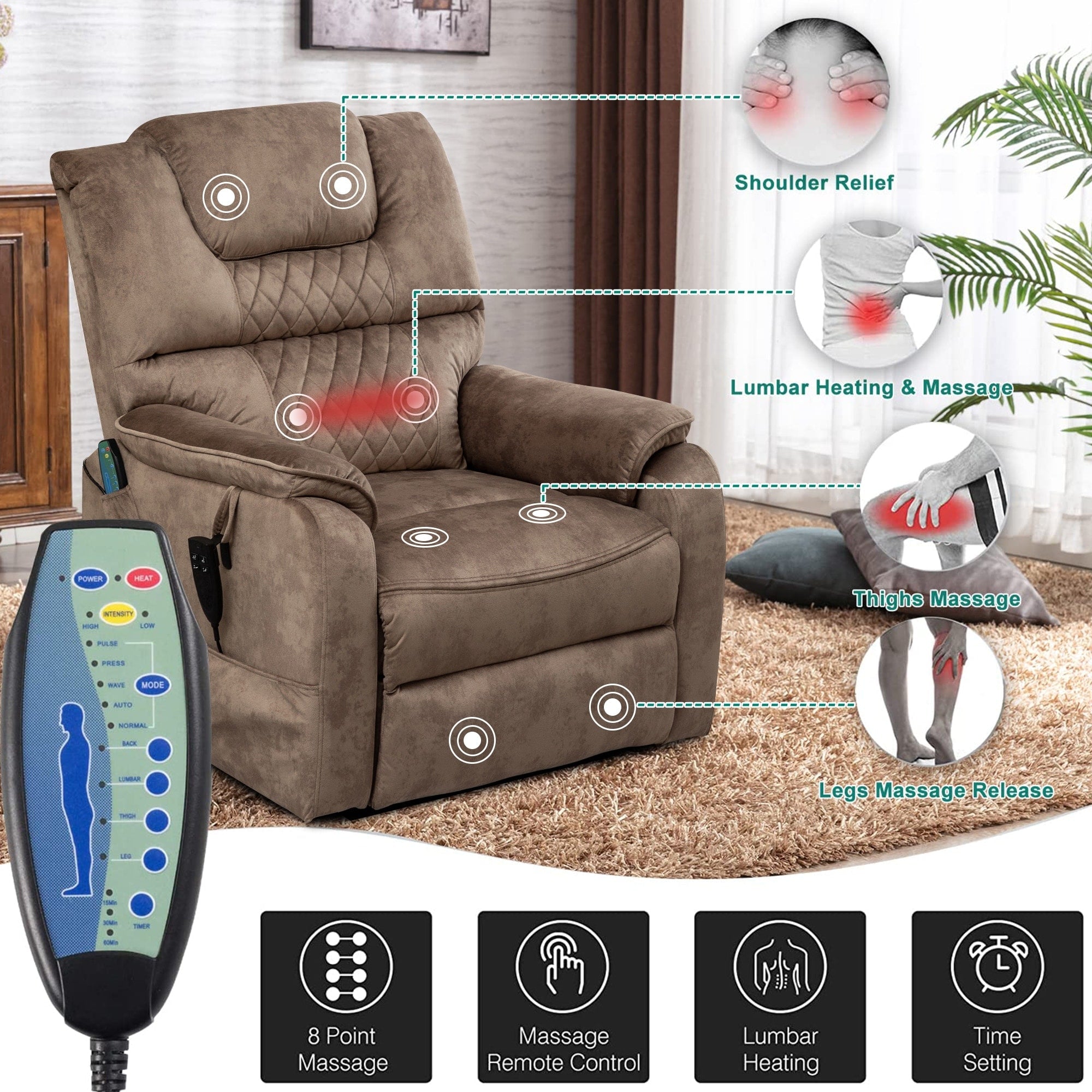 Fauteuil inclinable électrique double de 35,5 W, massage et chauffage, 180 degrés