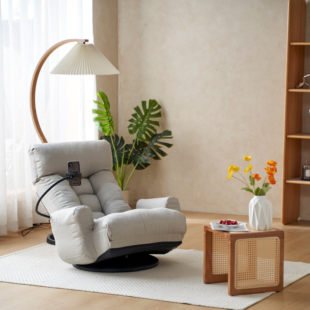 Fauteuil de salon réglable, pivotant à 360 degrés, pliable et inclinable, avec support pour téléphone