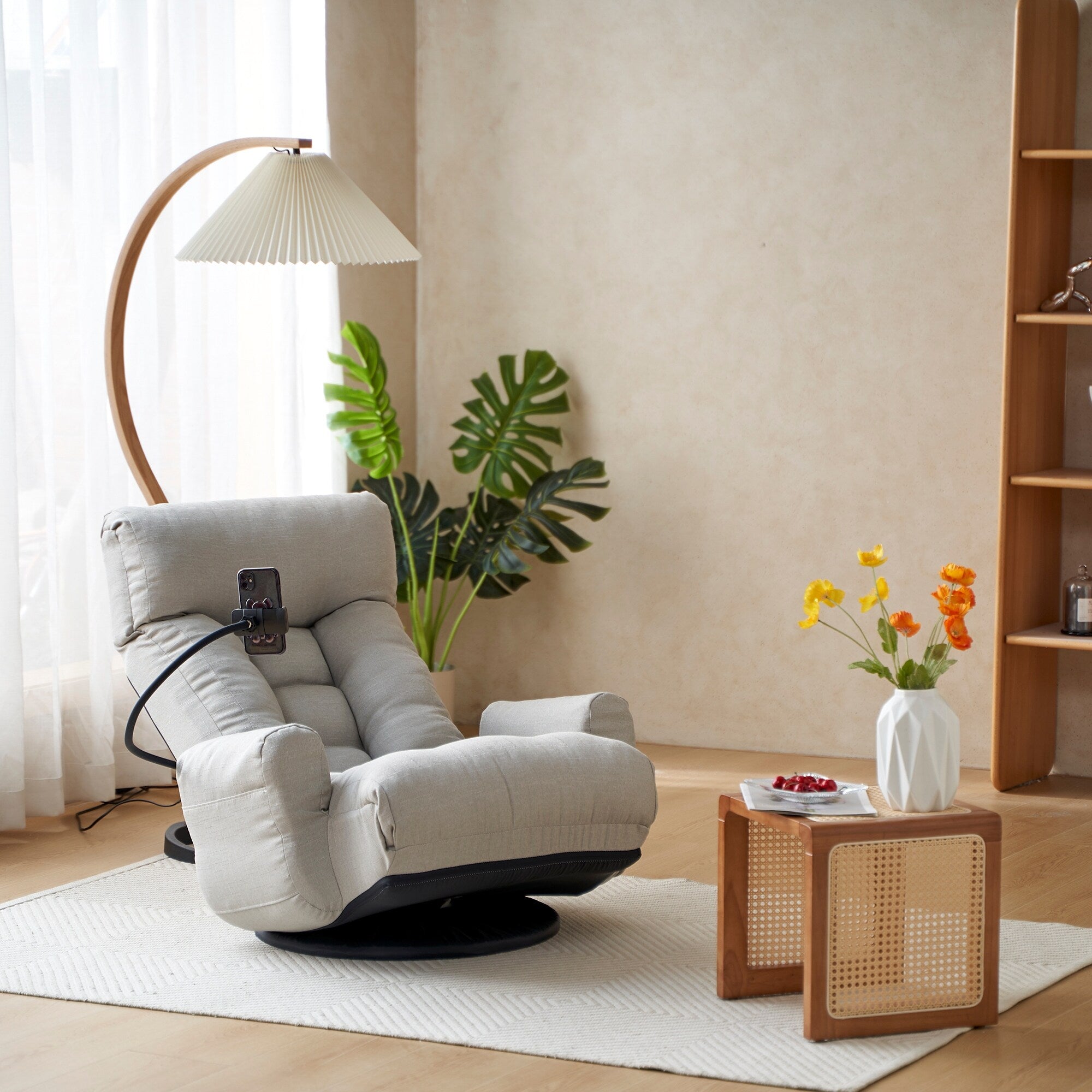 Fauteuil de salon réglable, pivotant à 360 degrés, pliable et inclinable, avec support pour téléphone