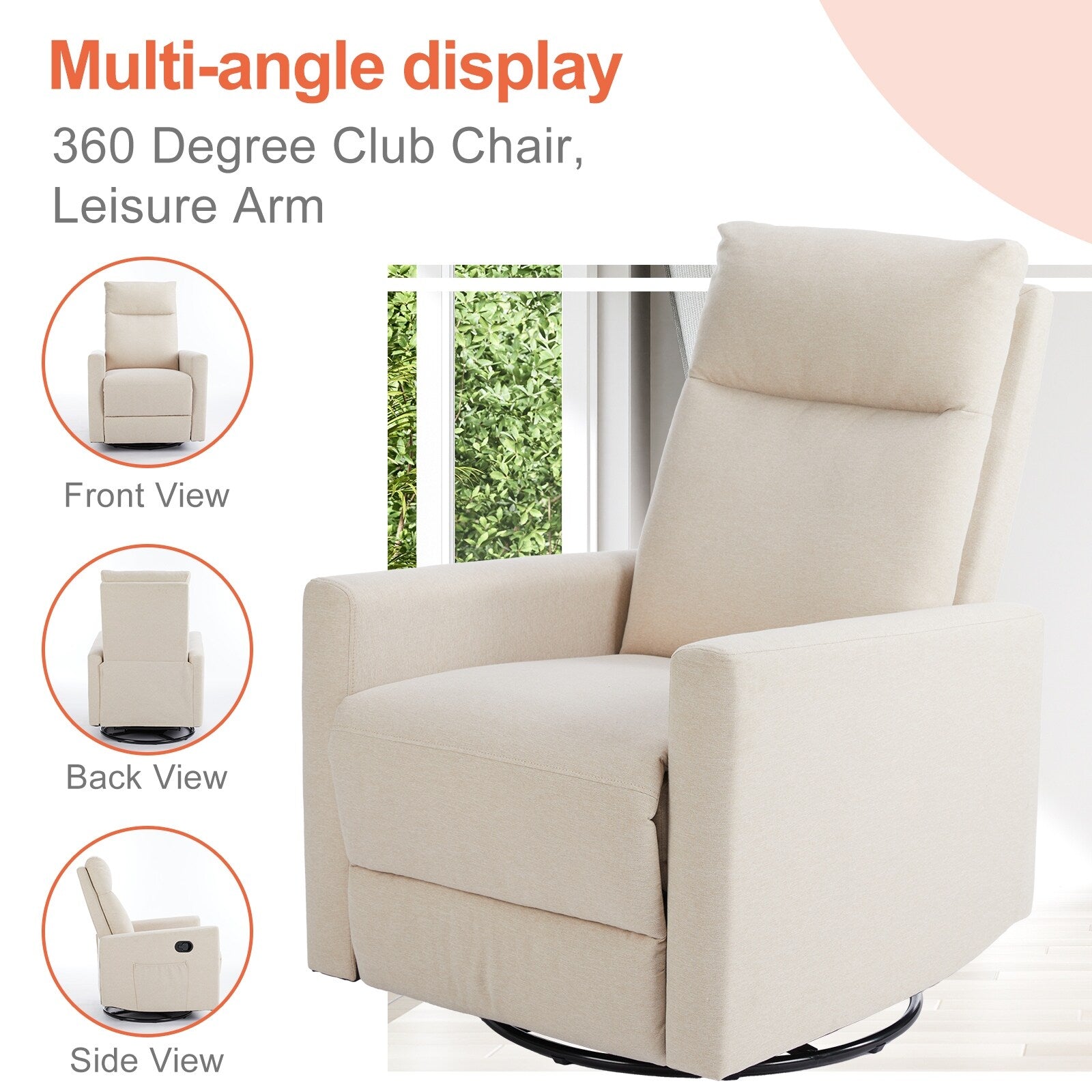 Fauteuil inclinable manuel pivotant à 360°, revêtement en lin, canapé simple réglable pour chambre d'enfant, salon ou chambre à coucher