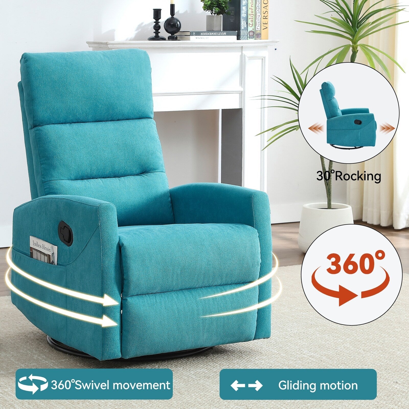 Fauteuil inclinable manuel pivotant à 360°, réglable en tissu, fauteuil inclinable à bascule pour salon, canapé simple moelleux avec bascule