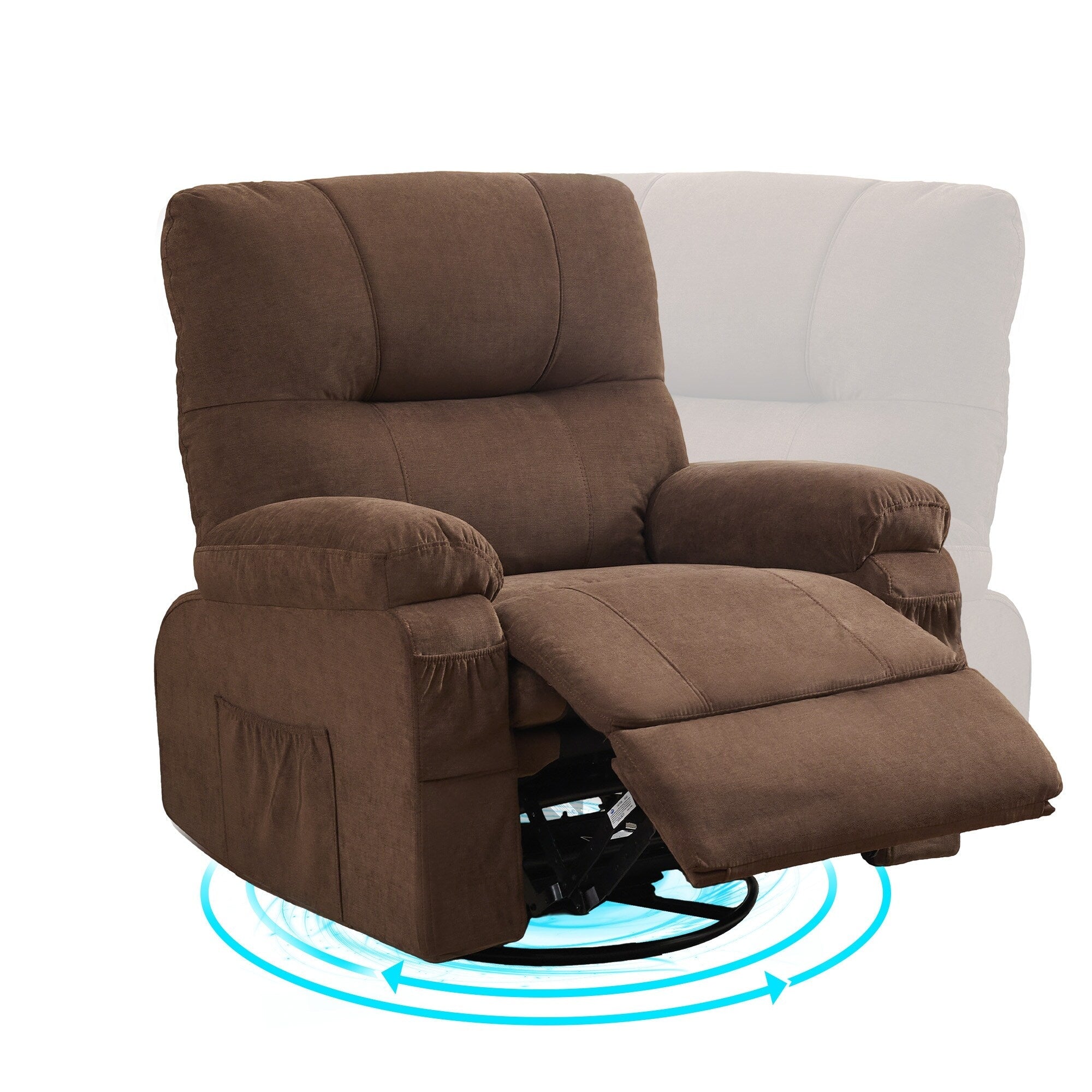 Fauteuil inclinable manuel pivotant à 360° en tissu avec repose-pieds coulissant et poches latérales