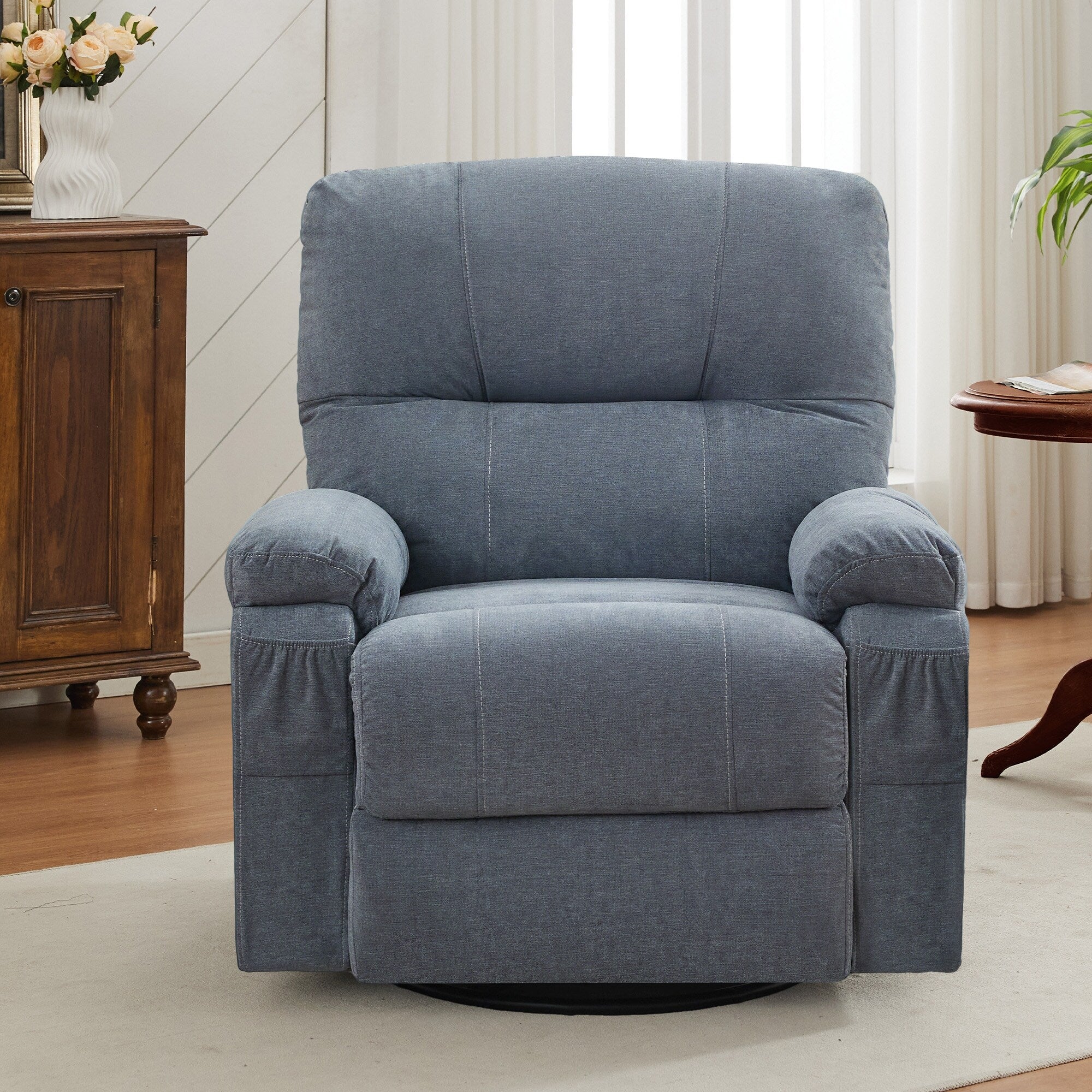 Fauteuil inclinable manuel pivotant à 360° en tissu avec repose-pieds coulissant et poches latérales