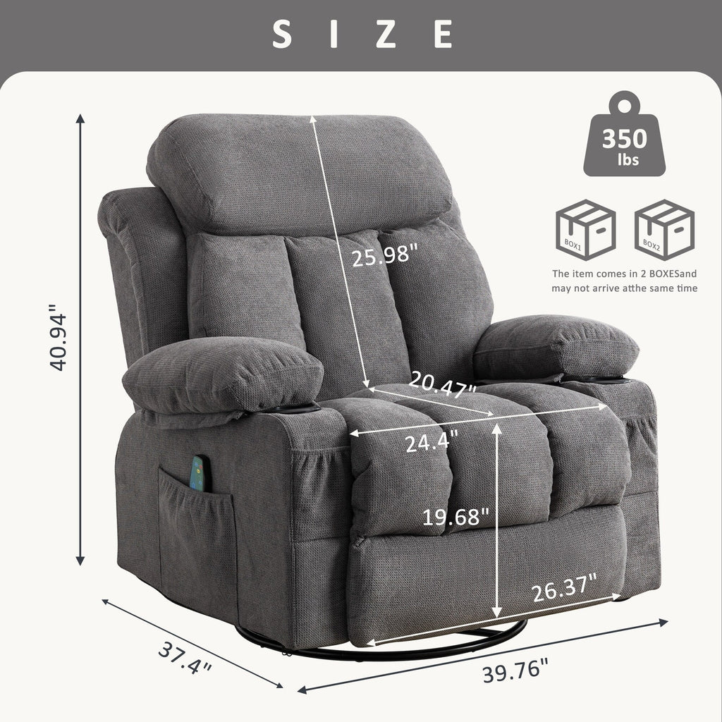 Fauteuil inclinable manuel pivotant à 360° en tissu avec massage et chauffage, chargement USB et deux porte-gobelets