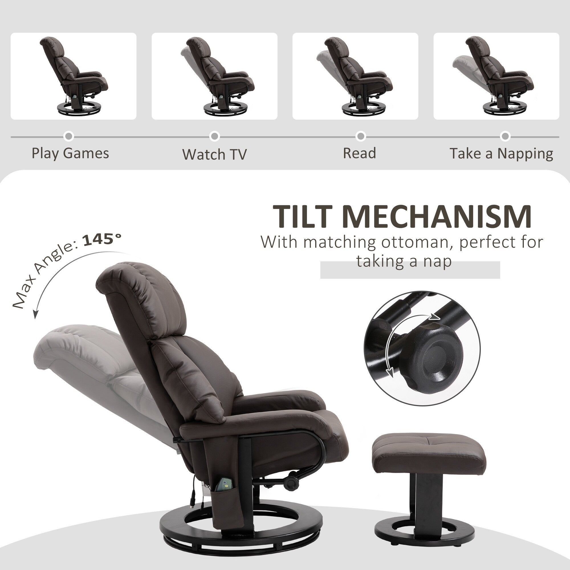 Fauteuil inclinable massant pivotant à 360° en cuir synthétique avec inclinaison à 145°, repose-pieds, télécommande et poche latérale