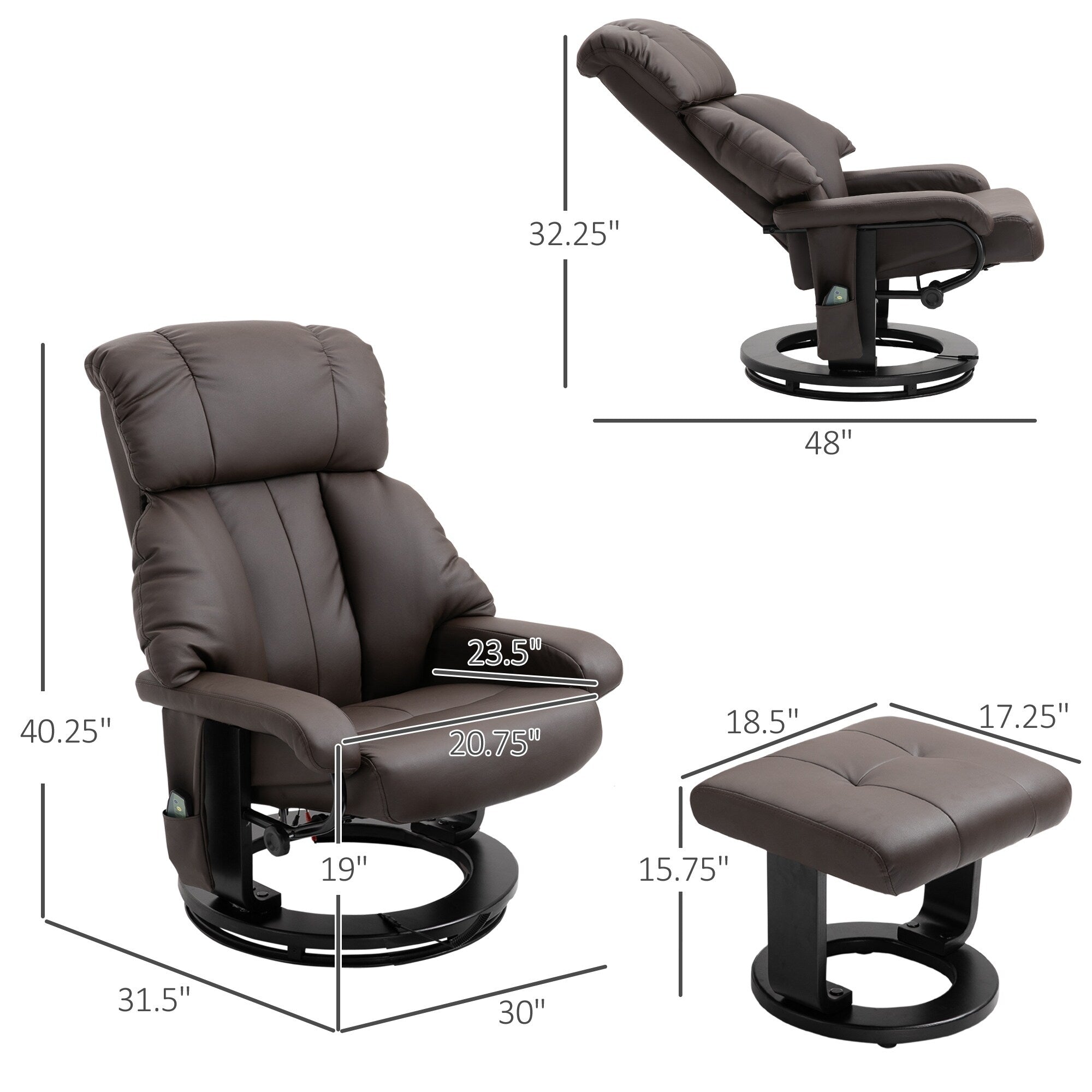 Fauteuil inclinable massant pivotant à 360° en cuir synthétique avec inclinaison à 145°, repose-pieds, télécommande et poche latérale
