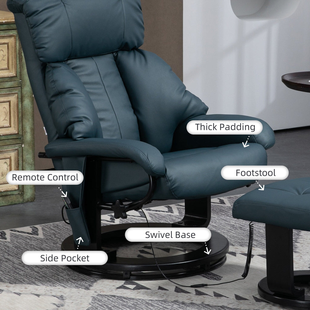 Fauteuil inclinable de massage manuel pivotant à 360° en cuir PU avec repose-pieds, dossier réglable et vibration à 10 points