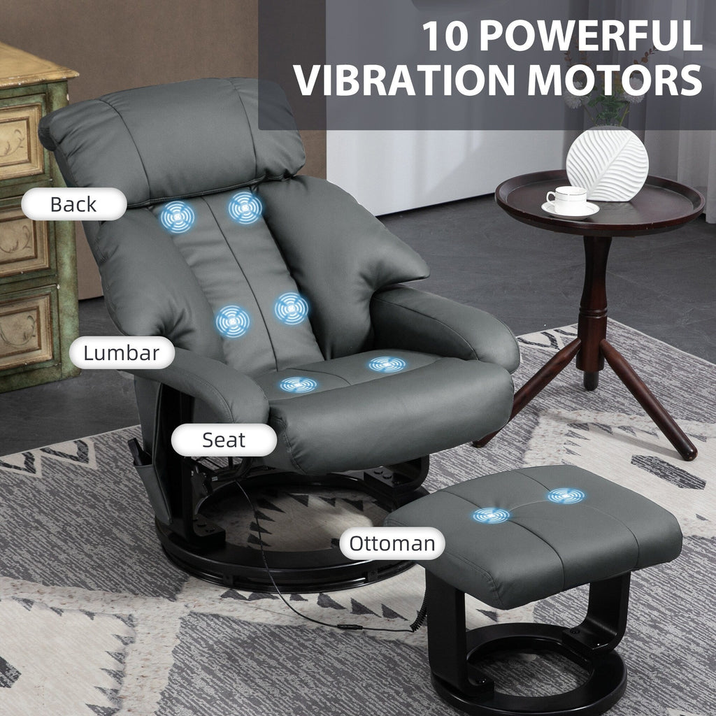 Fauteuil inclinable de massage manuel pivotant à 360° en cuir PU avec repose-pieds, dossier réglable et vibration à 10 points
