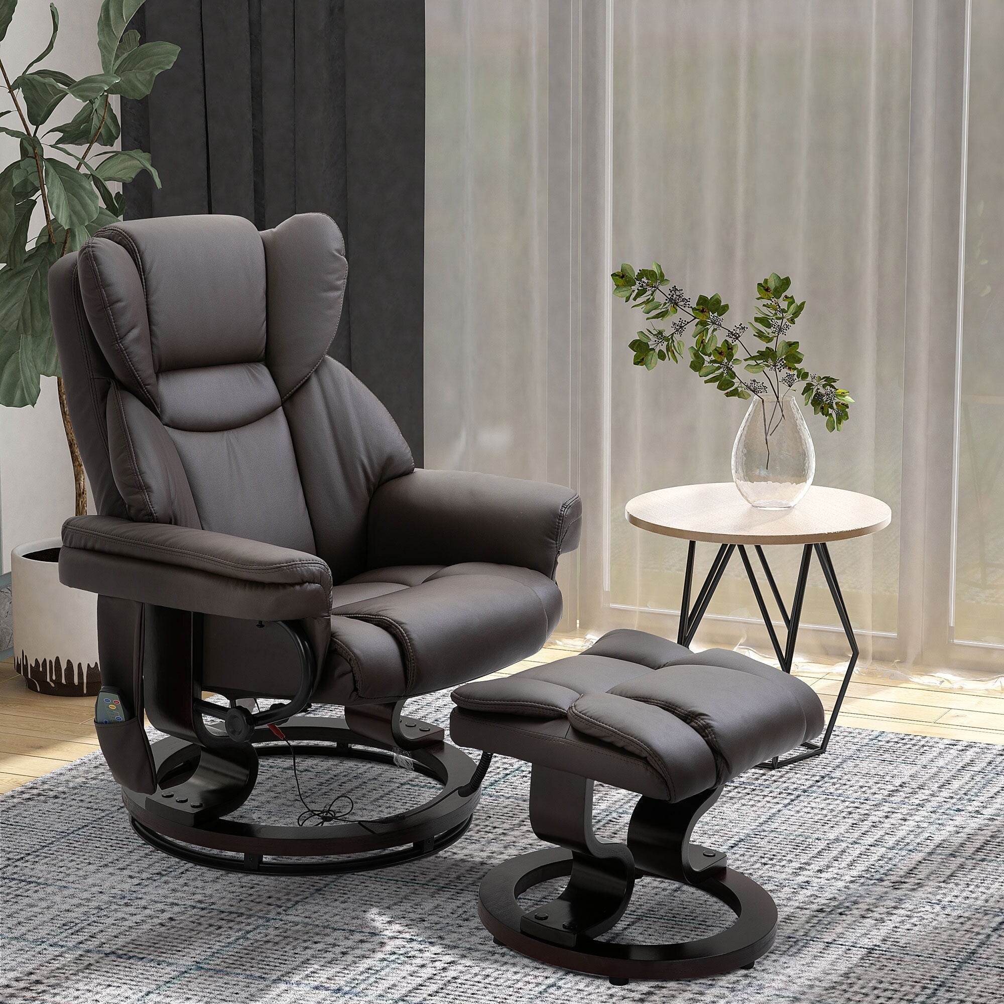 Fauteuil inclinable massant pivotant à 360° en cuir PU avec 10 points de vibration, dossier et repose-pieds réglables