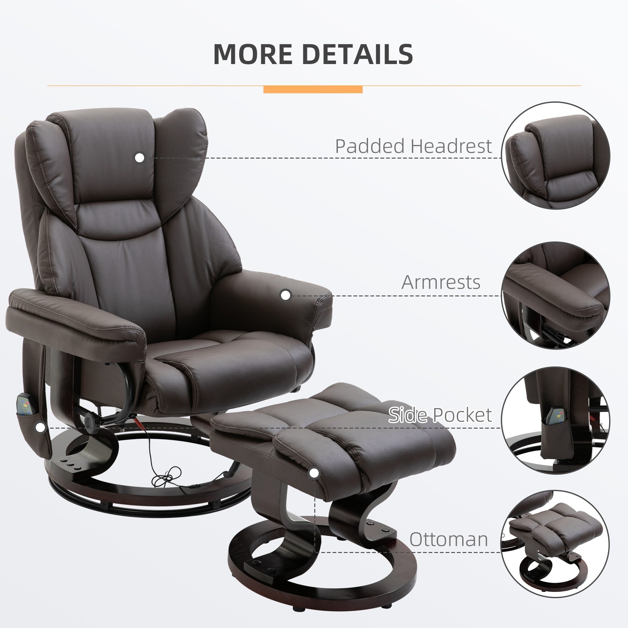 Fauteuil inclinable massant pivotant à 360° en cuir PU avec 10 points de vibration, dossier et repose-pieds réglables
