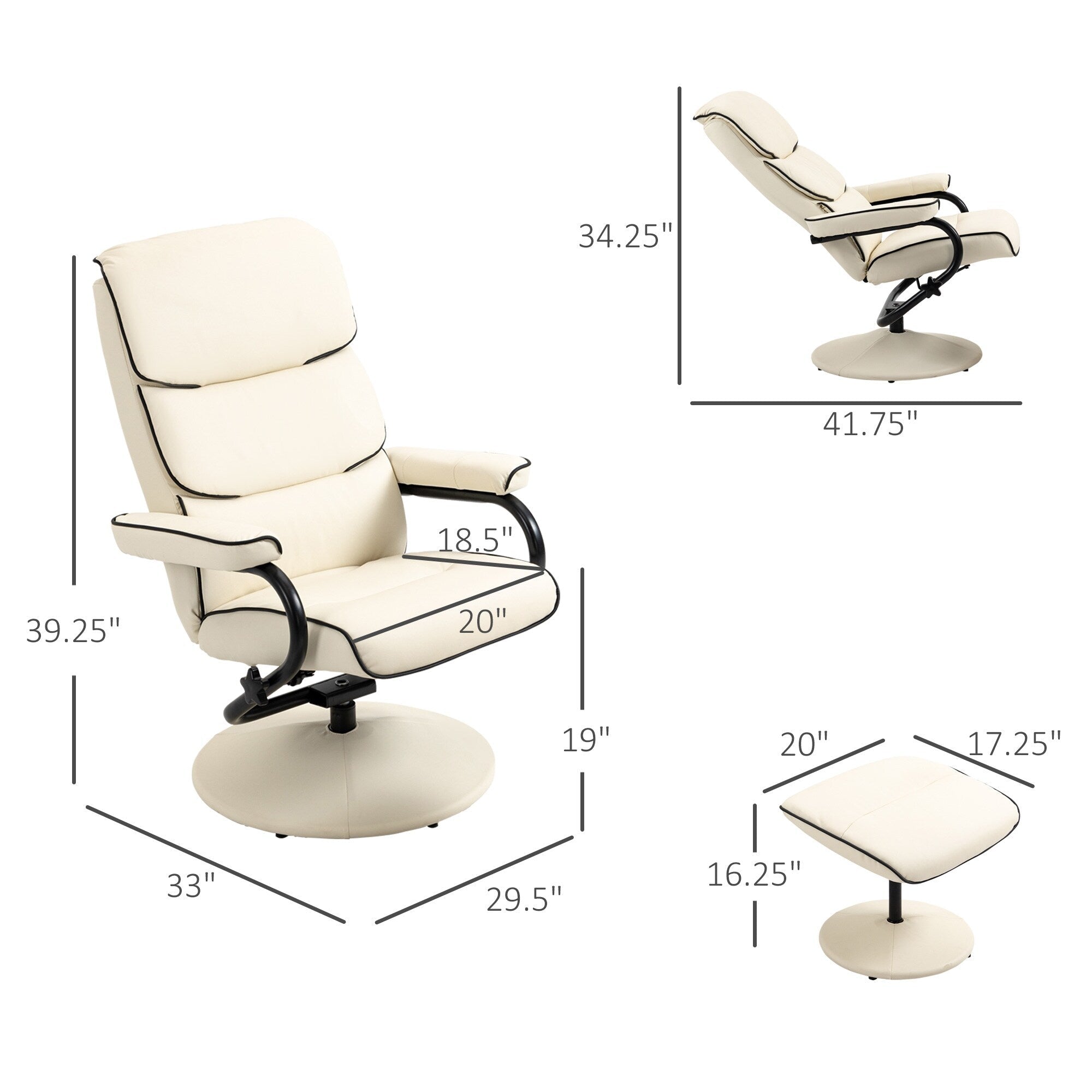 Fauteuil inclinable pivotant à 360° en cuir synthétique, dossier haut, avec pouf et rembourrage en mousse épaisse