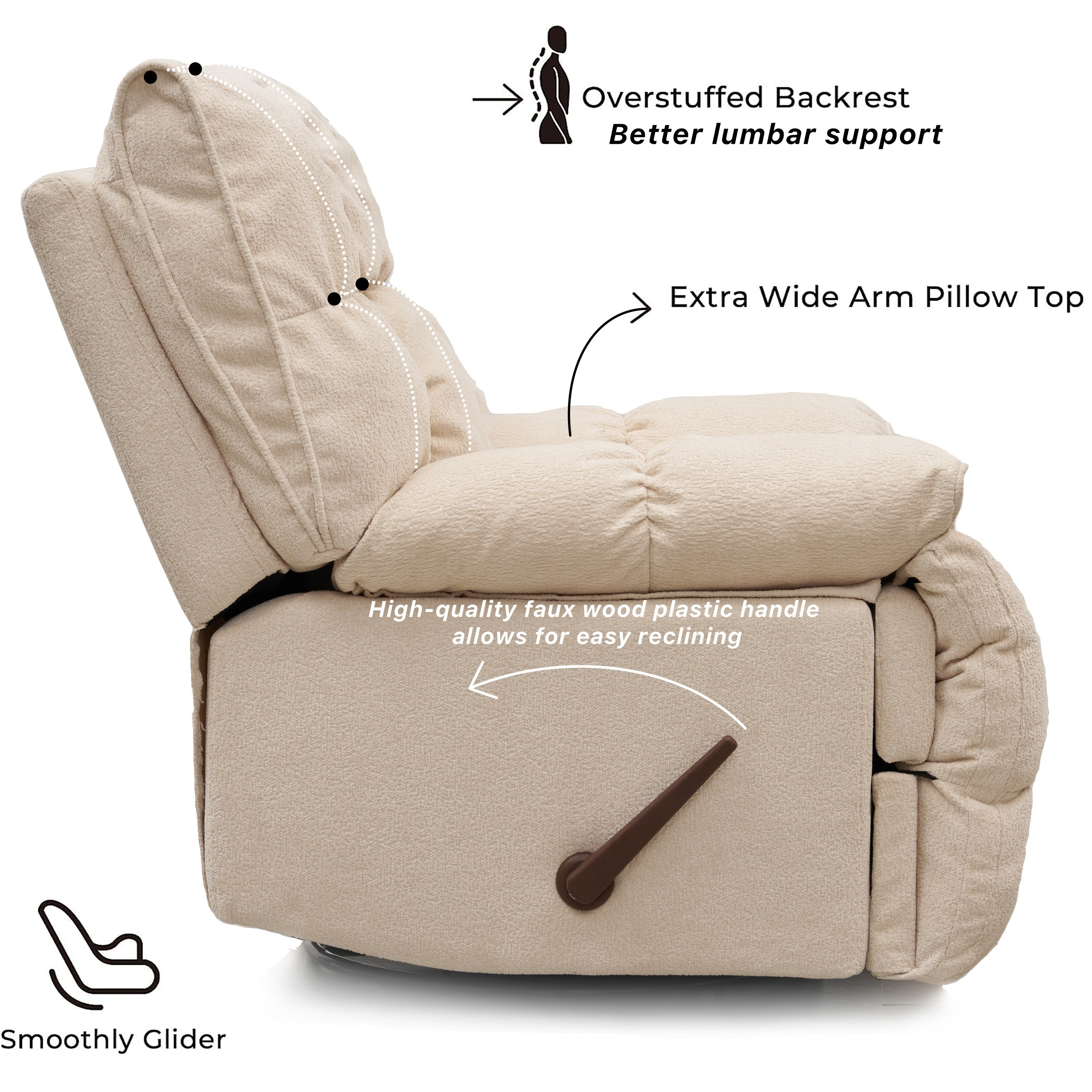 Fauteuil inclinable pivotant à 360° en tissu d'ameublement, fauteuil à bascule inclinable simple avec support lombaire pour salon