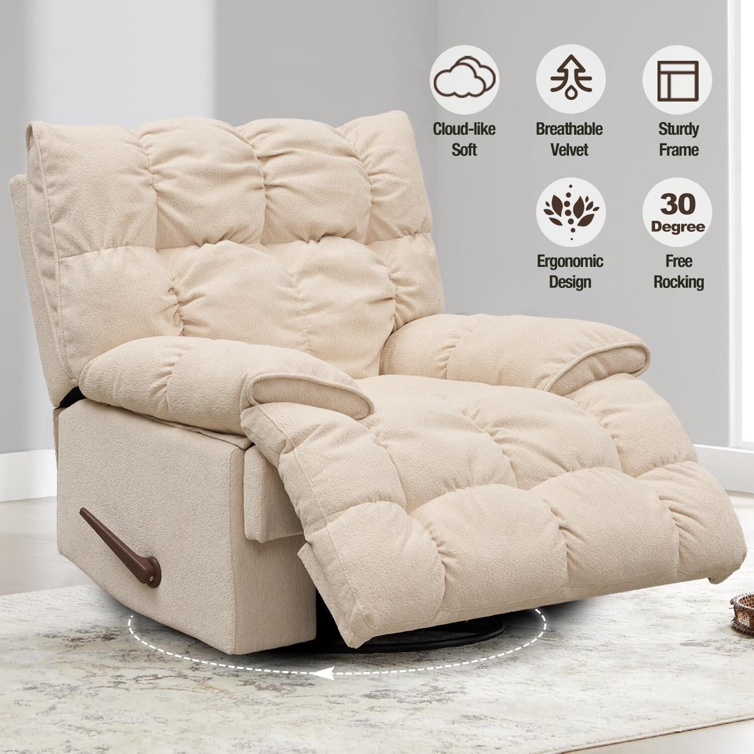 Fauteuil inclinable pivotant à 360° en tissu d'ameublement, fauteuil à bascule inclinable simple avec support lombaire pour salon
