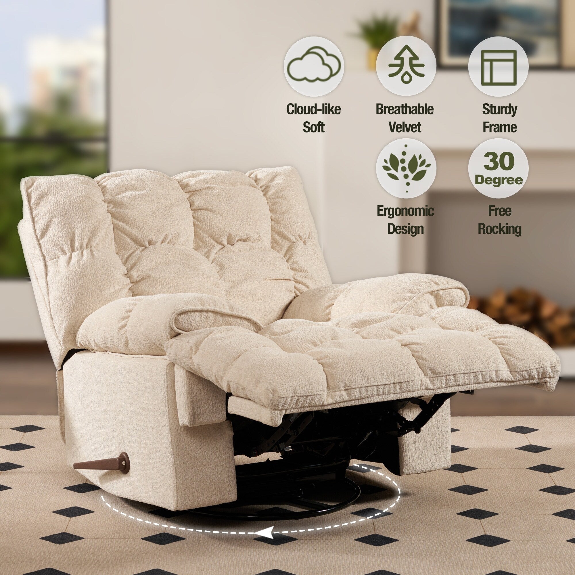Fauteuil inclinable pivotant à 360° en tissu d'ameublement, fauteuil à bascule inclinable simple avec support lombaire pour salon
