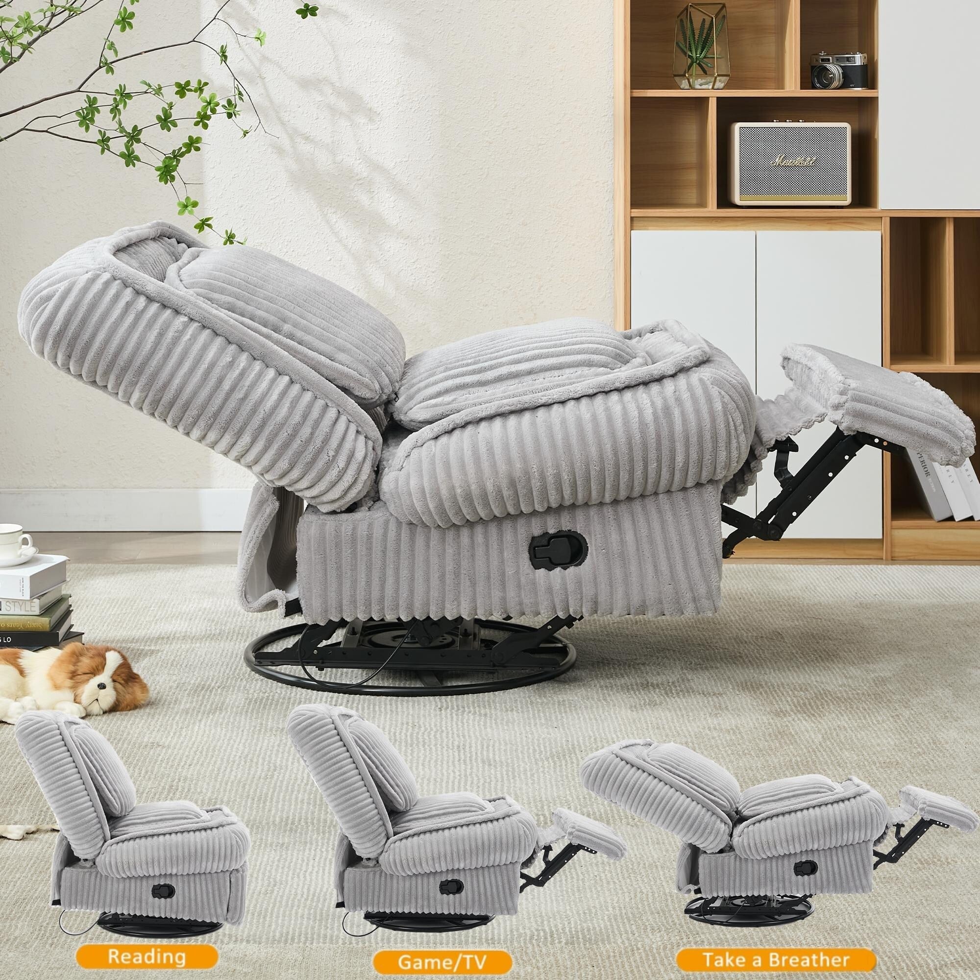 Fauteuil inclinable pivotant à 360° avec dossier réglable en velours côtelé