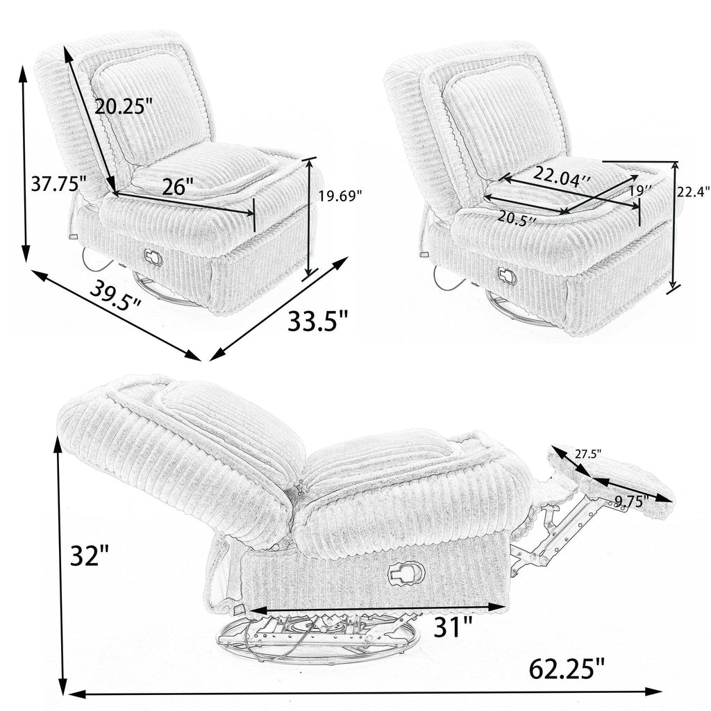 Fauteuil inclinable pivotant à 360° avec dossier réglable en velours côtelé