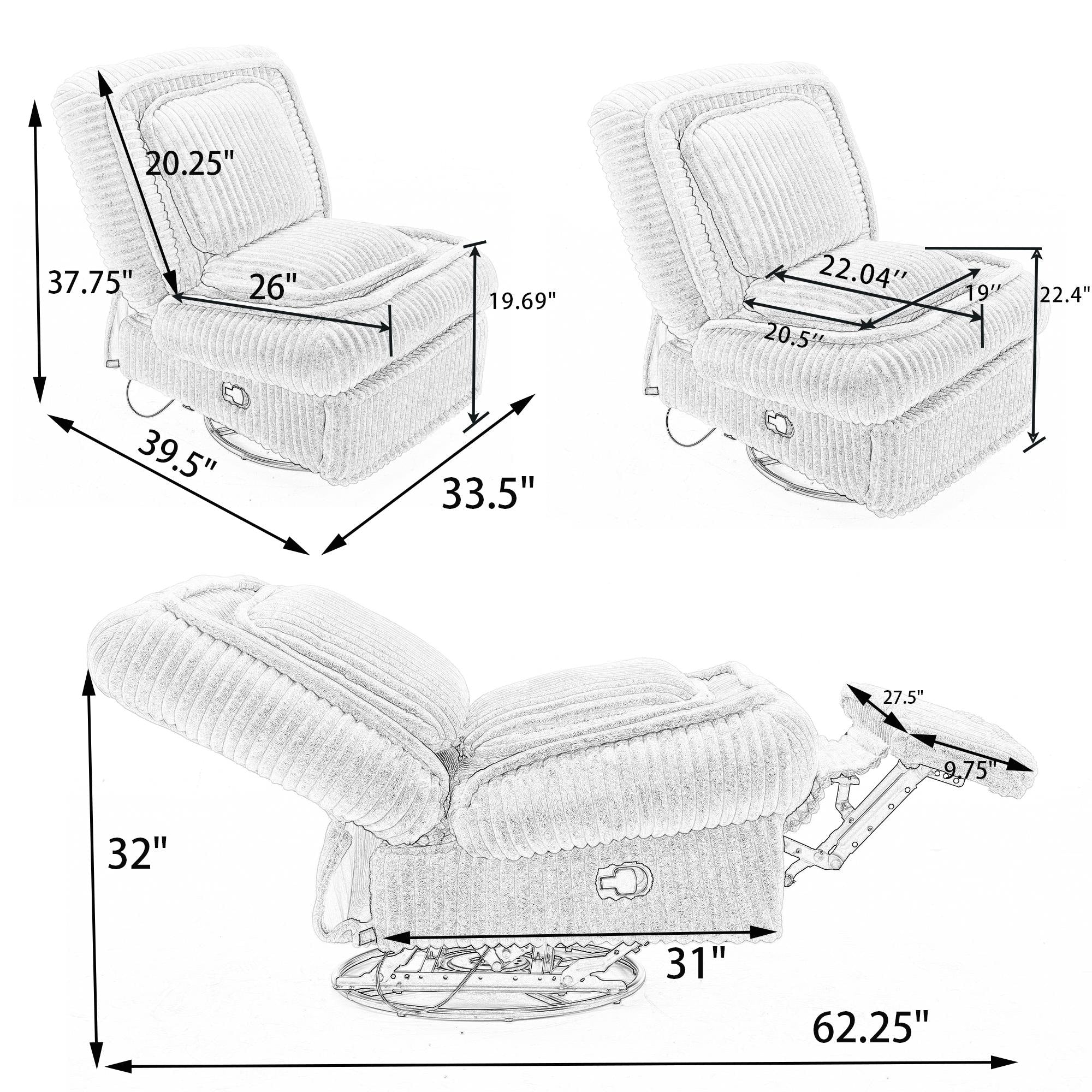 Fauteuil inclinable pivotant à 360° avec dossier réglable en velours côtelé