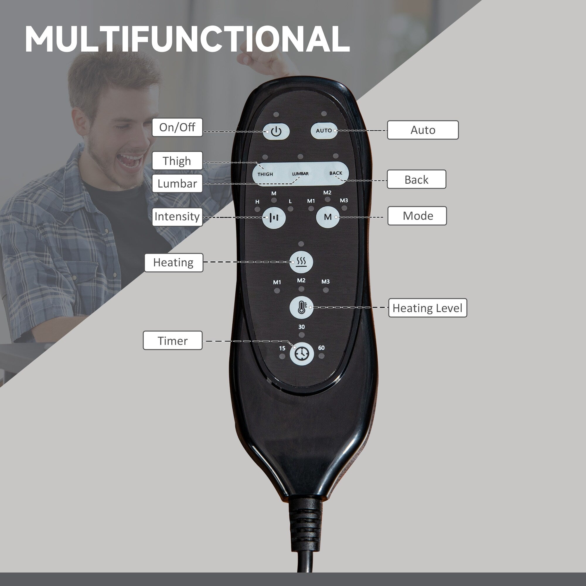 Fauteuil de bureau pivotant à 360° avec massage, dossier haut, inclinable, chauffage lombaire, inclinaison réglable et repose-pieds extensible