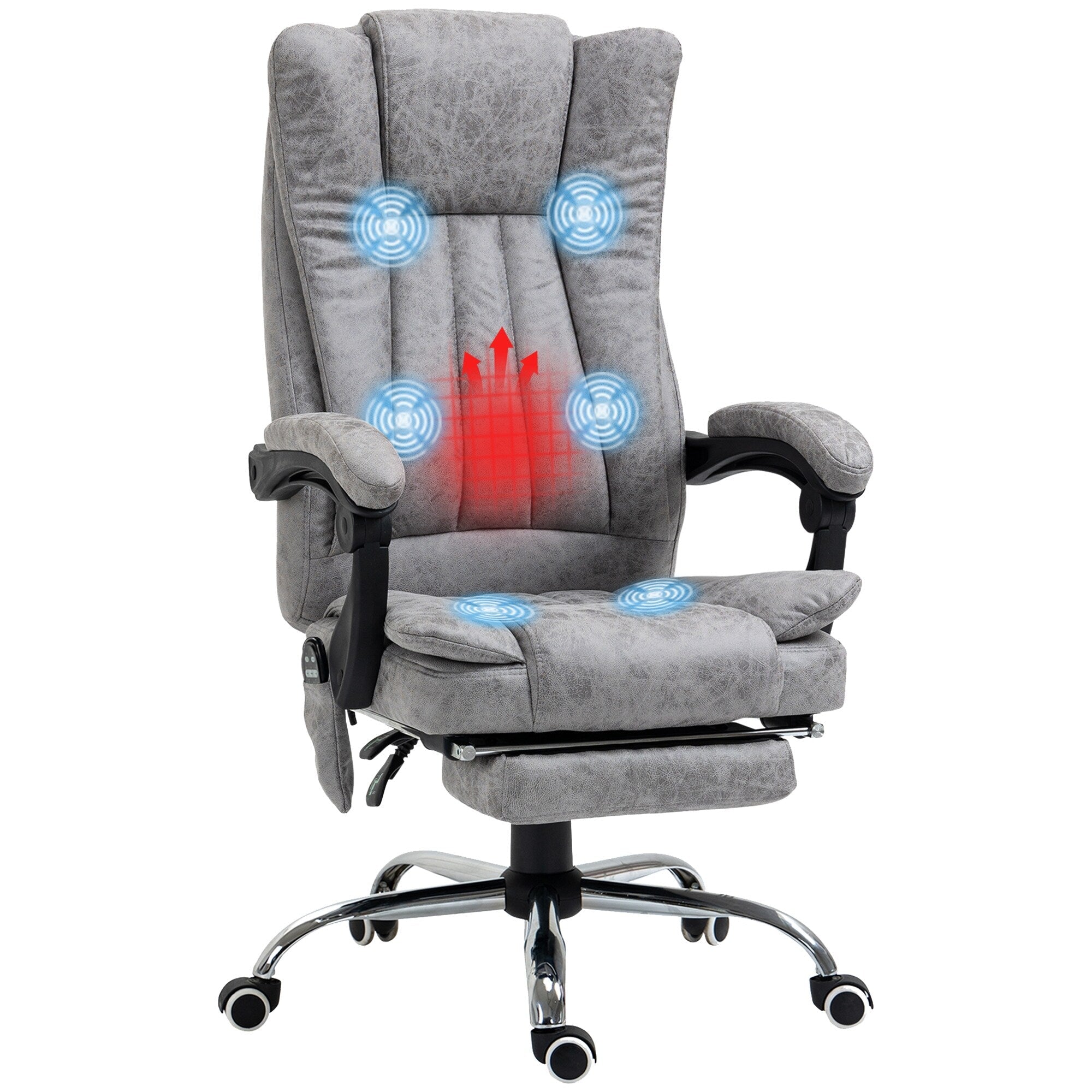 Fauteuil de bureau pivotant à 360° avec massage, dossier haut, inclinable, chauffage lombaire, inclinaison réglable et repose-pieds extensible