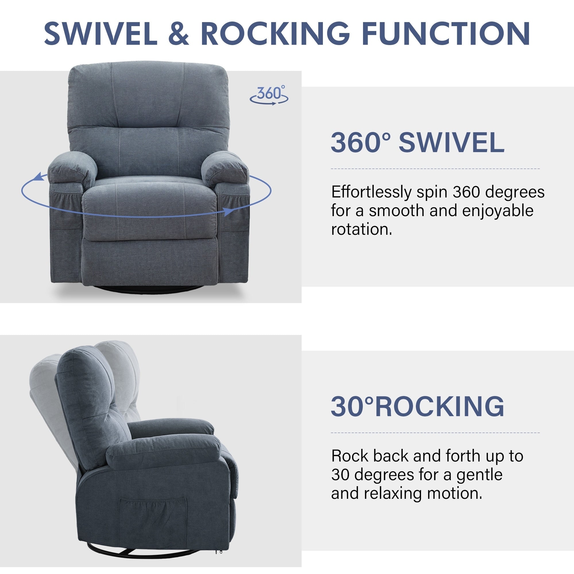 Fauteuil inclinable pivotant à 360° en lin avec poches latérales