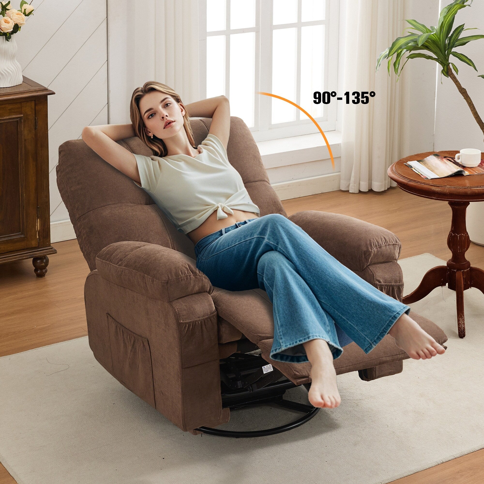 Fauteuil inclinable pivotant à 360° en lin avec poches latérales
