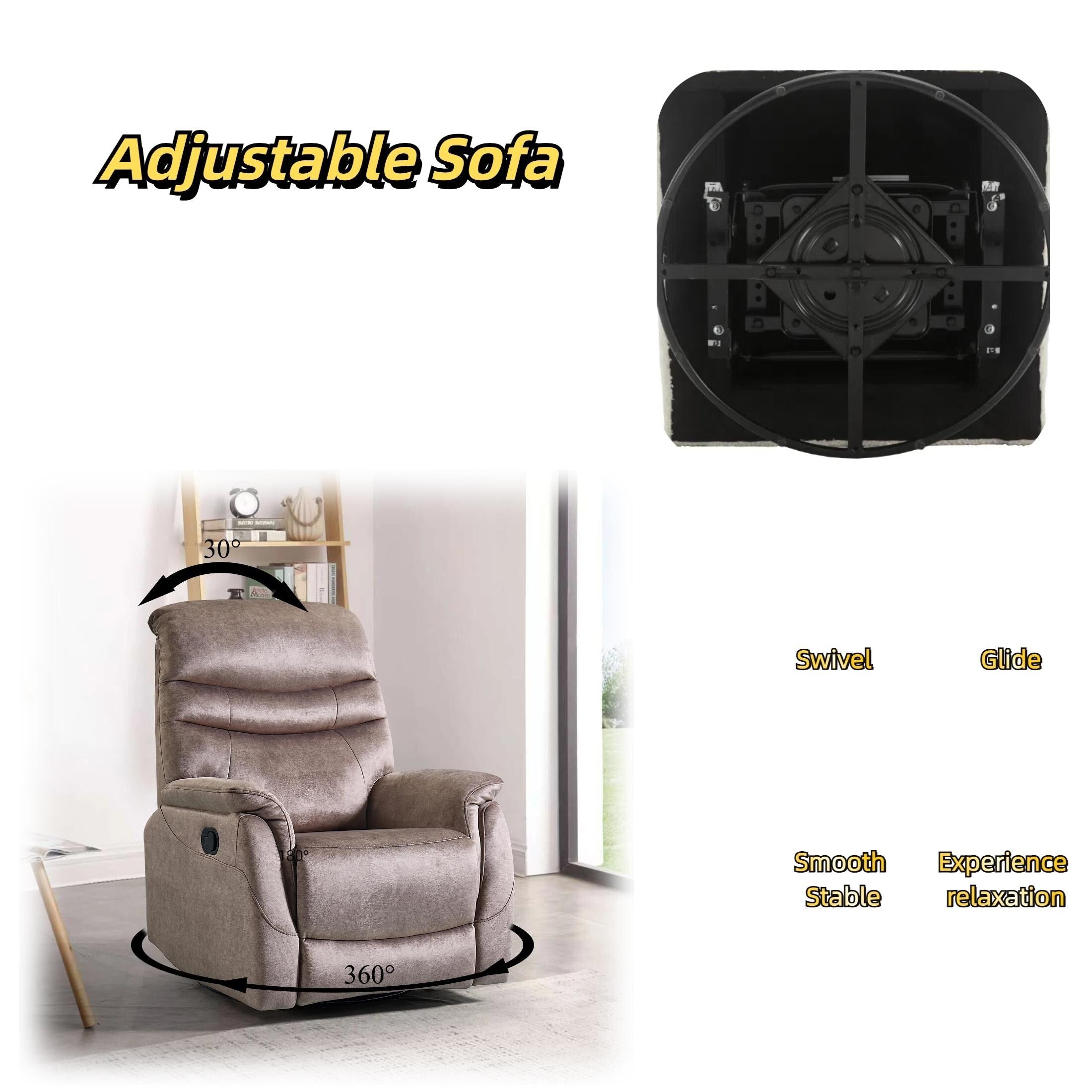 Fauteuil inclinable pivotant à 360° avec dossier réglable, tissu résistant, canapé inclinable moderne avec soutien lombaire