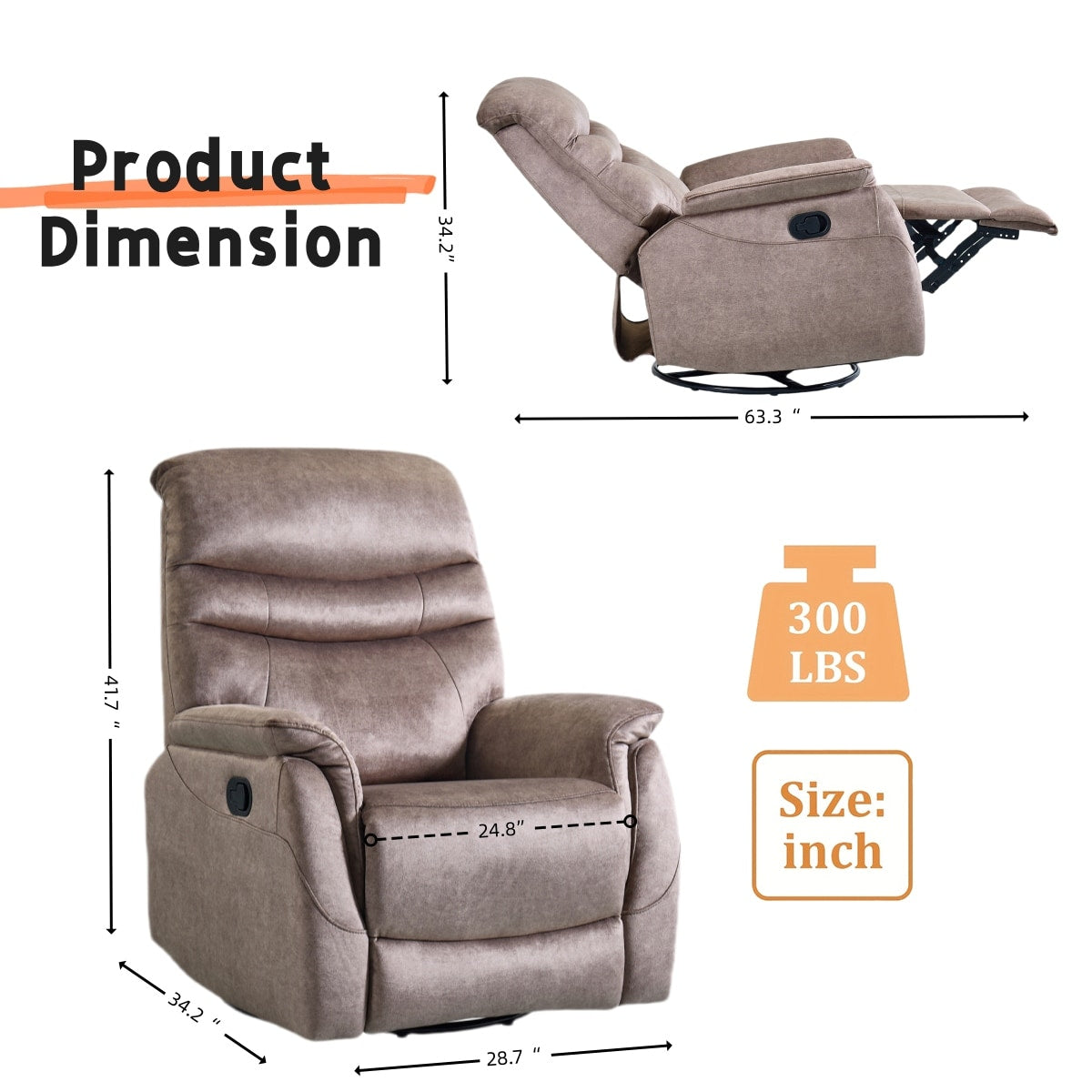 Fauteuil inclinable pivotant à 360° avec dossier réglable, tissu résistant, canapé inclinable moderne avec soutien lombaire