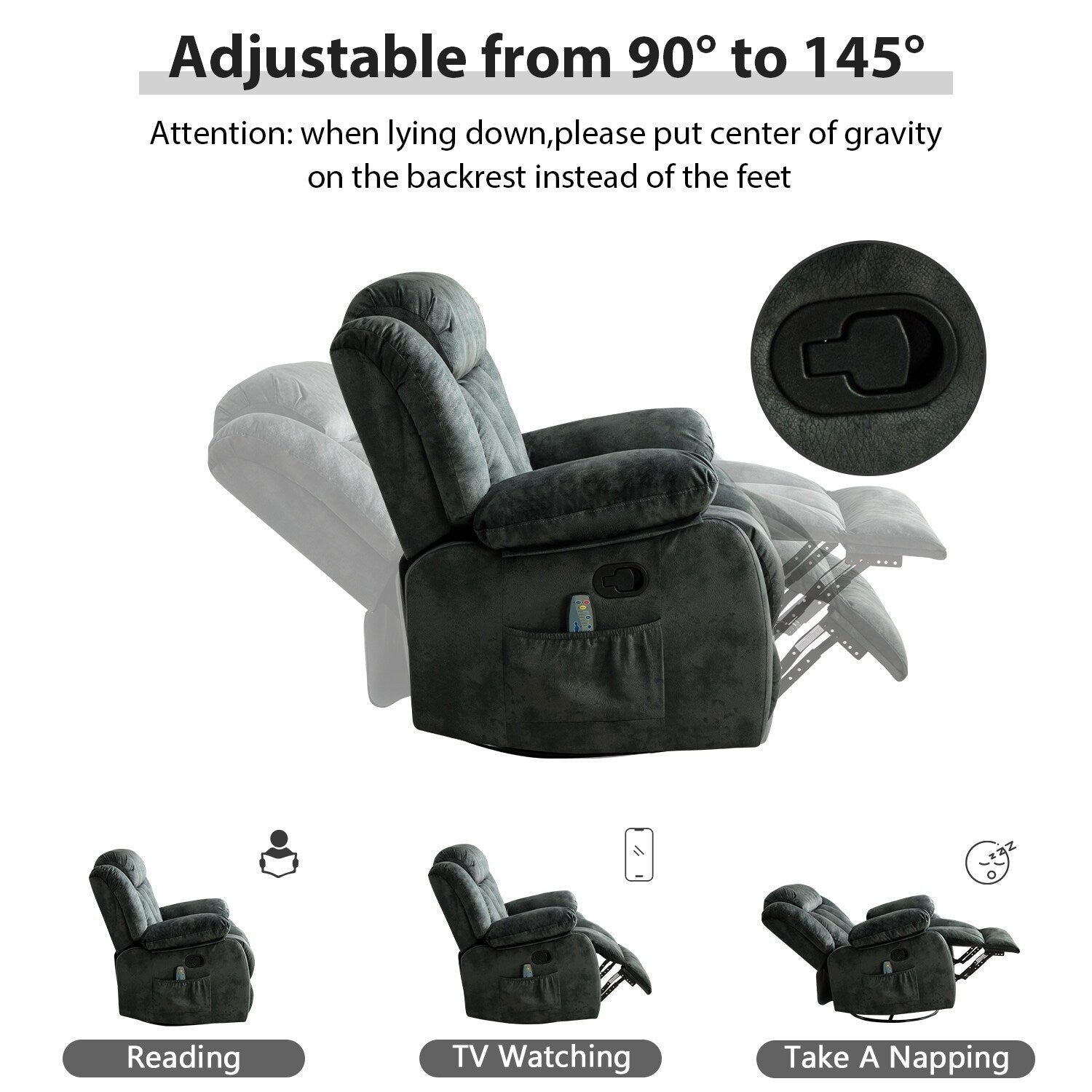 Fauteuil inclinable à bascule manuel pivotant à 360° avec massage et vibrations