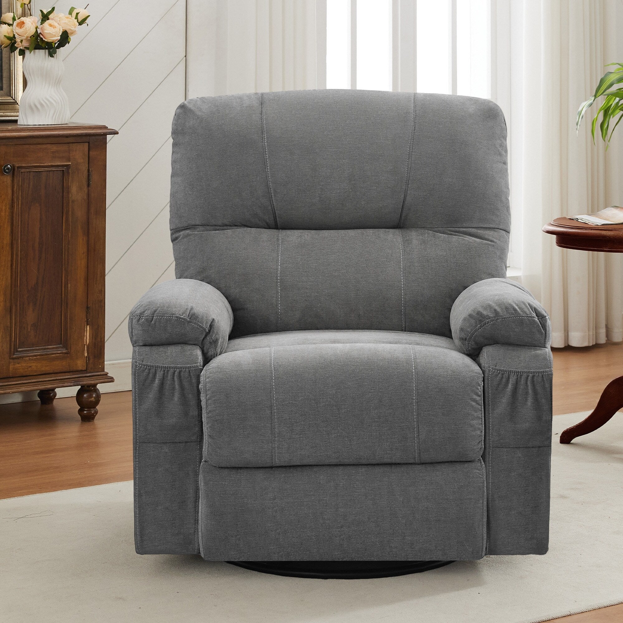 Fauteuil inclinable pivotant à 360° avec dossier réglable, fauteuil à bascule pivotant avec repose-pieds, coussins moelleux et poches latérales