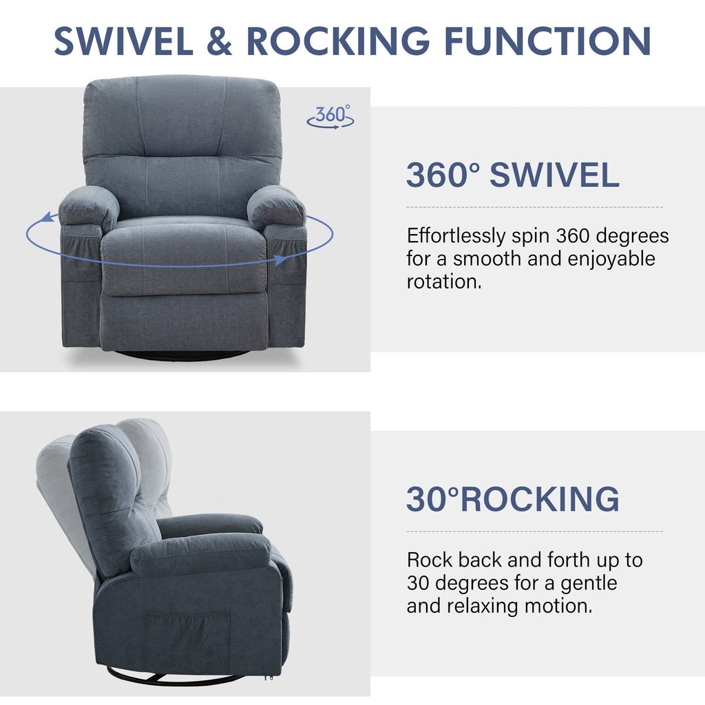Fauteuil inclinable pivotant à 360° avec dossier réglable, fauteuil à bascule pivotant avec repose-pieds, coussins moelleux et poches latérales