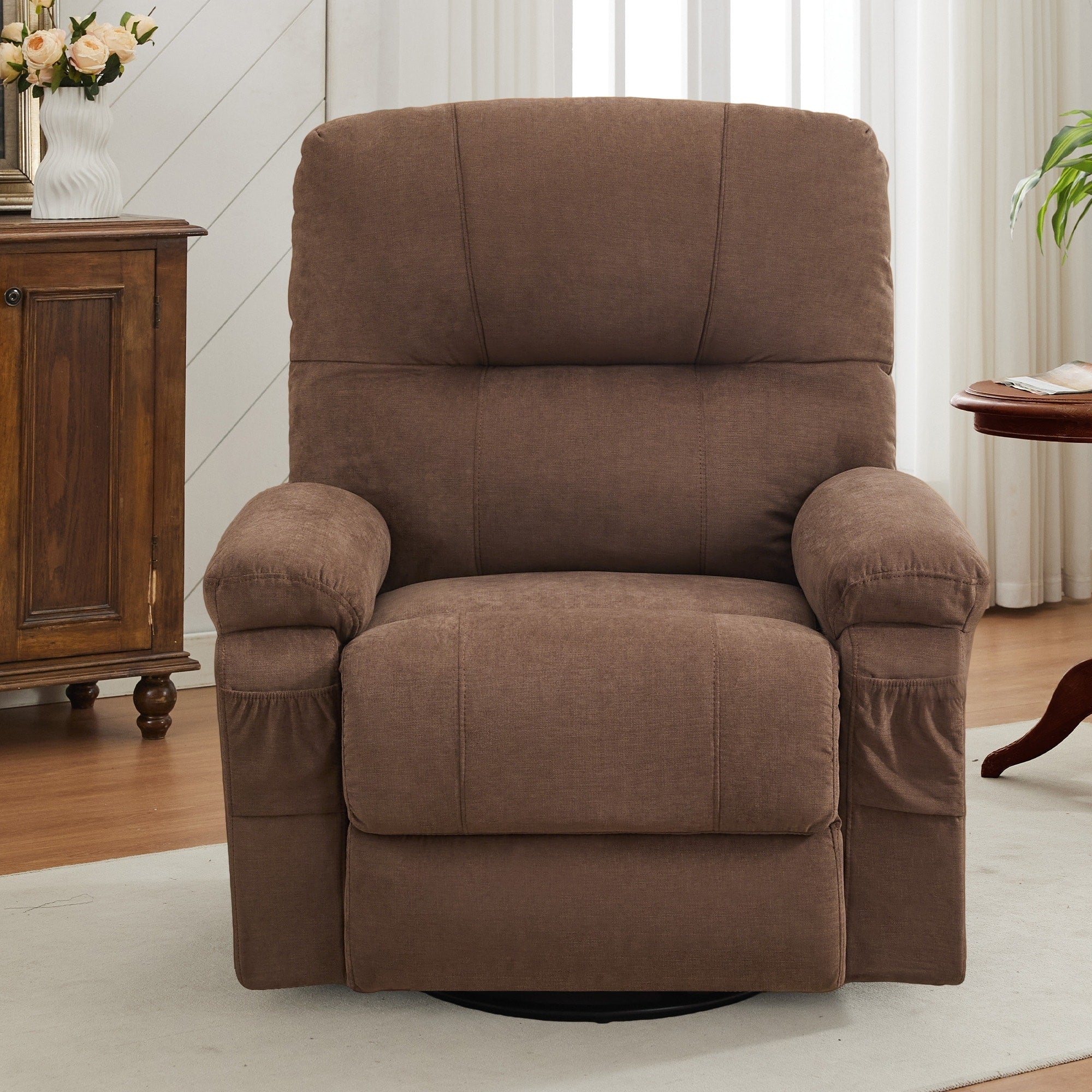 Fauteuil inclinable pivotant à 360° avec dossier réglable, fauteuil à bascule pivotant avec repose-pieds, coussins moelleux et poches latérales