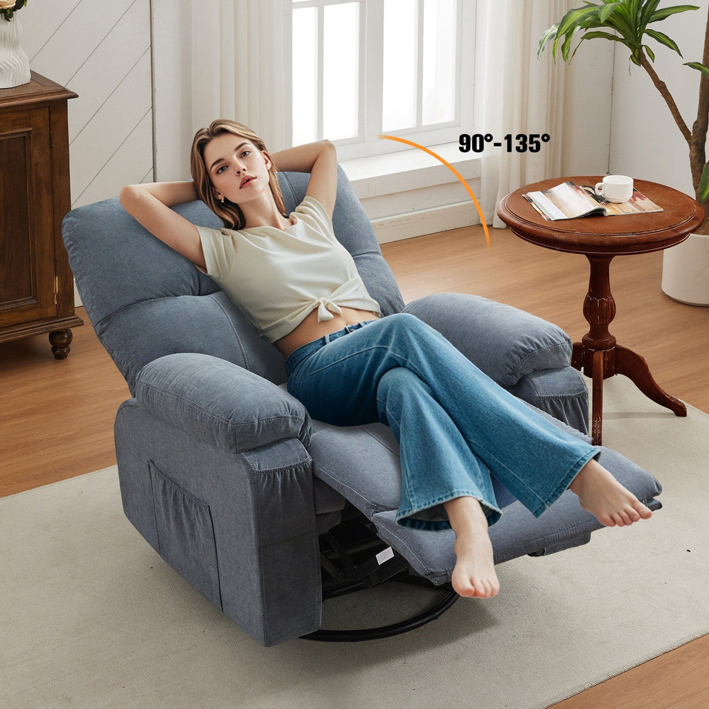Fauteuil inclinable pivotant à 360° avec dossier réglable, fauteuil à bascule pivotant avec repose-pieds, coussins moelleux et poches latérales