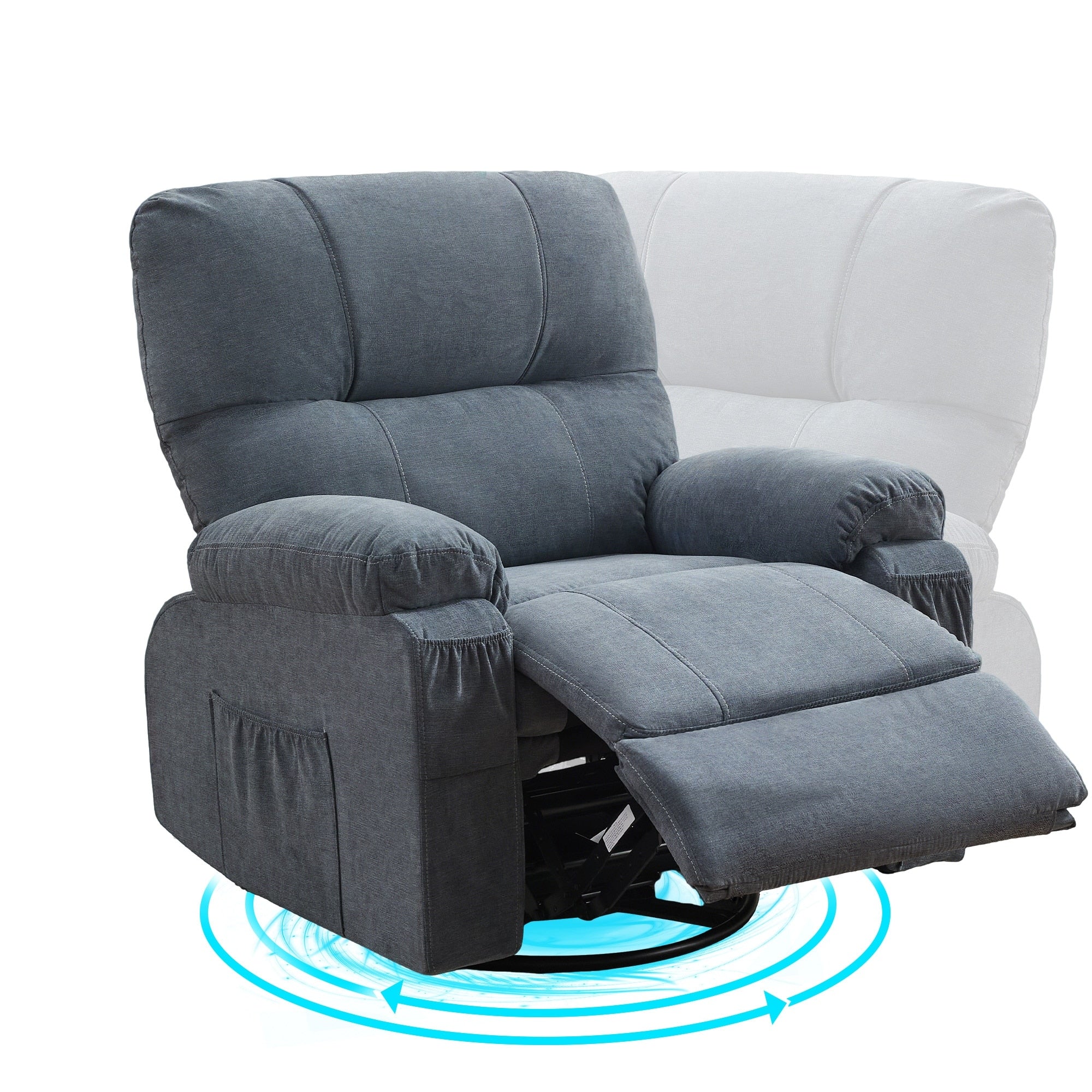 Fauteuil inclinable pivotant à 360° avec dossier réglable, fauteuil à bascule pivotant avec repose-pieds, coussins moelleux et poches latérales