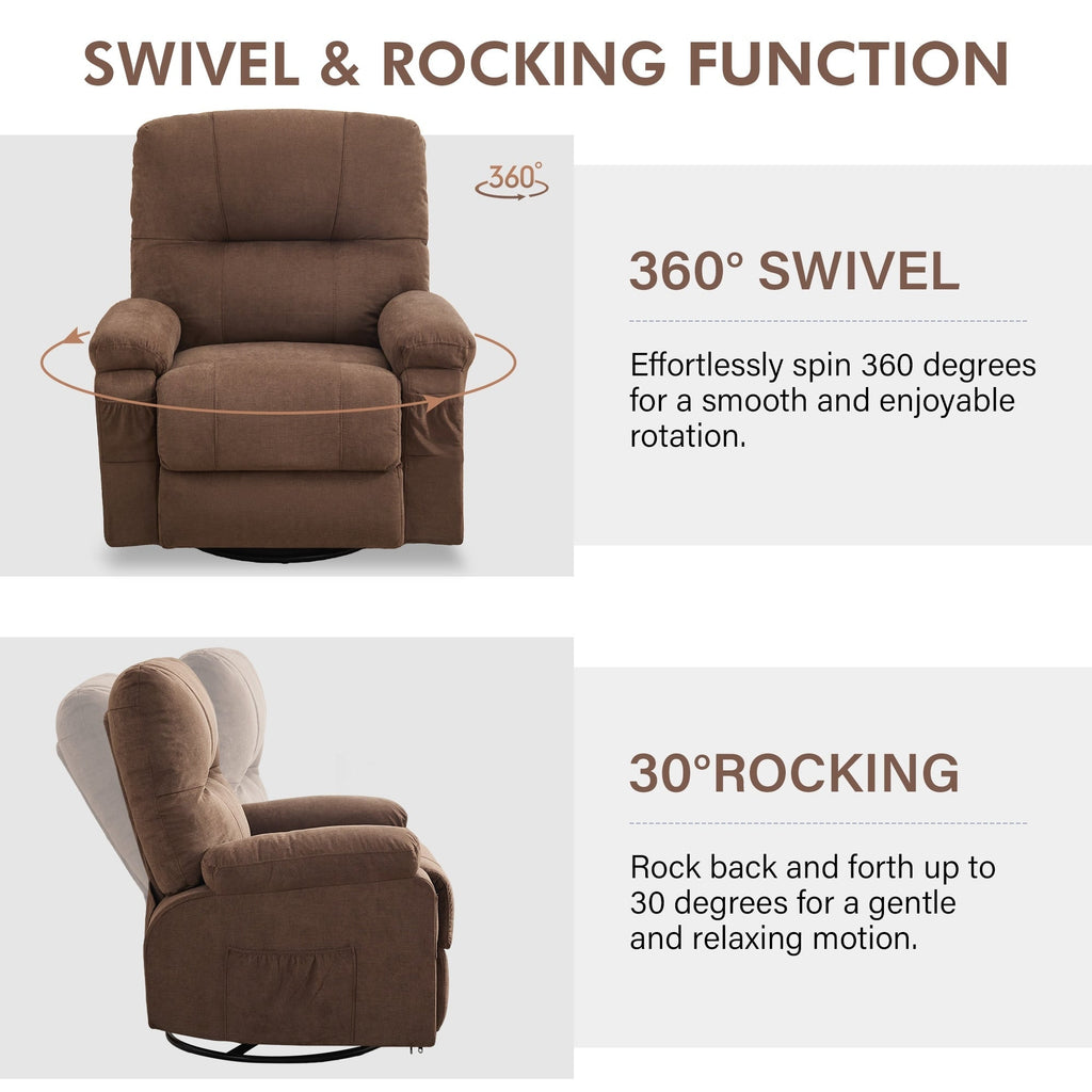 Fauteuil inclinable pivotant à 360° avec dossier réglable, fauteuil à bascule pivotant avec repose-pieds, coussins moelleux et poches latérales