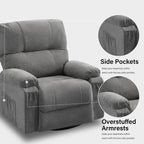 Fauteuil inclinable pivotant à 360° avec dossier réglable, fauteuil à bascule pivotant avec repose-pieds, coussins moelleux et poches latérales